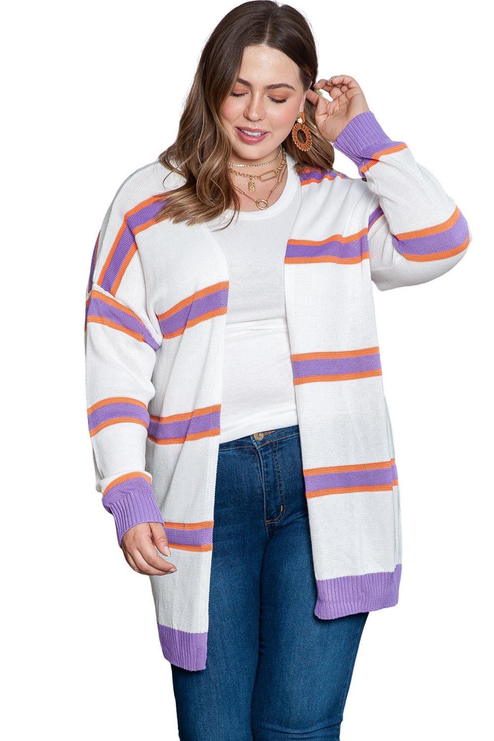 Multicolor Striped Long Sleeve Ribbed Cardigan | Fashionsarah.com