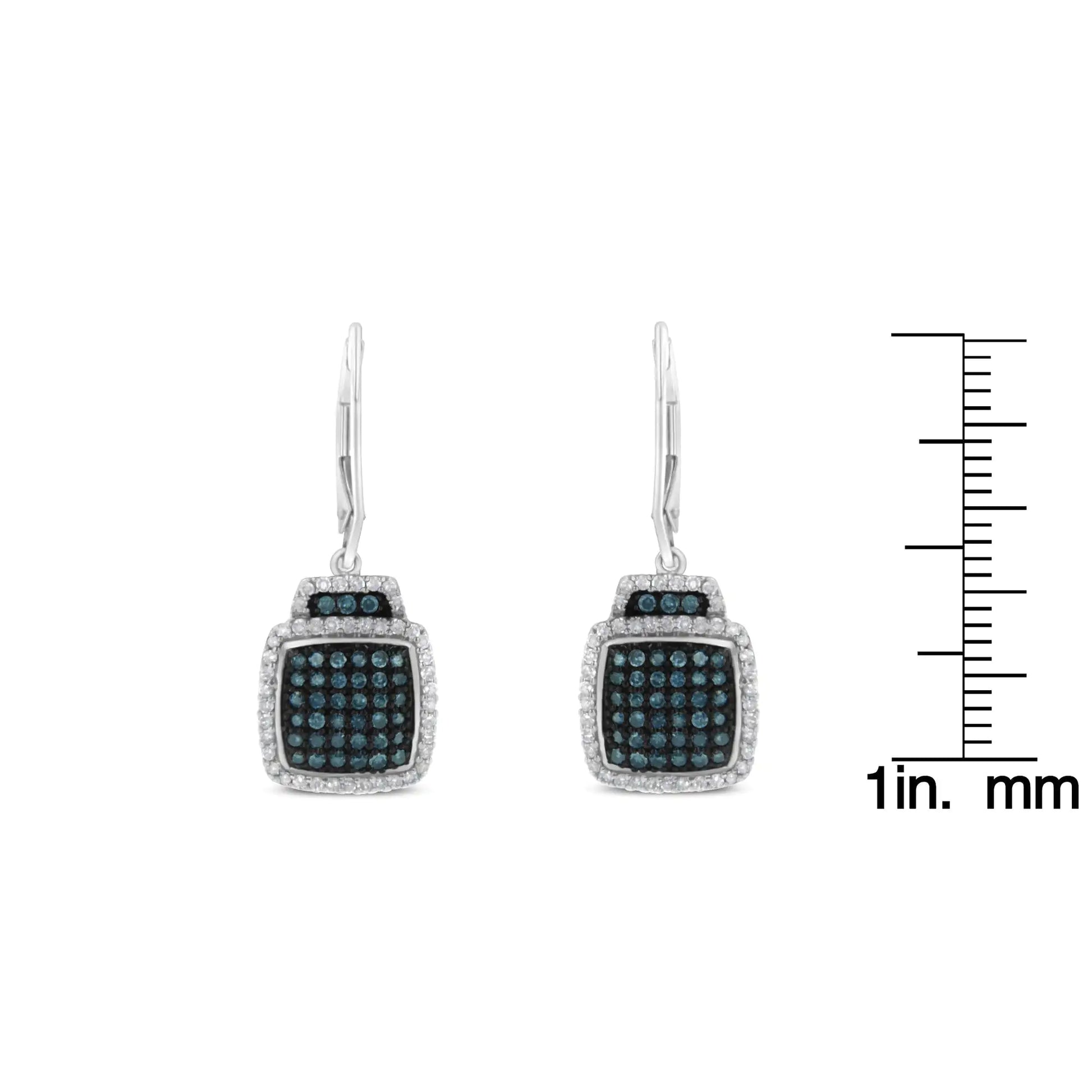 Black Rhodium over .925 Sterling Silver ¾ Cttw Blue and White Diamond Cushion Shaped Dangle Earrings (Enhanced Blue & I-J Color, I2-I3 Clarity) | Fashionsarah.com