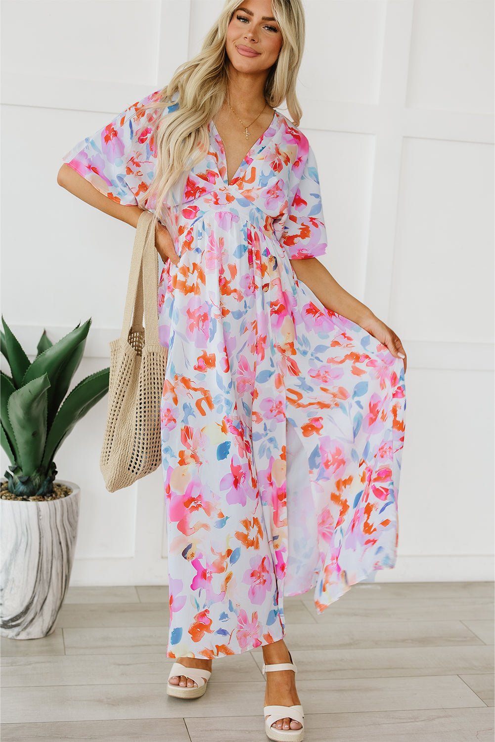 Fashionsarah.com Fashionsarah.com Tropical Floral Ruched V Neck Maxi Dress