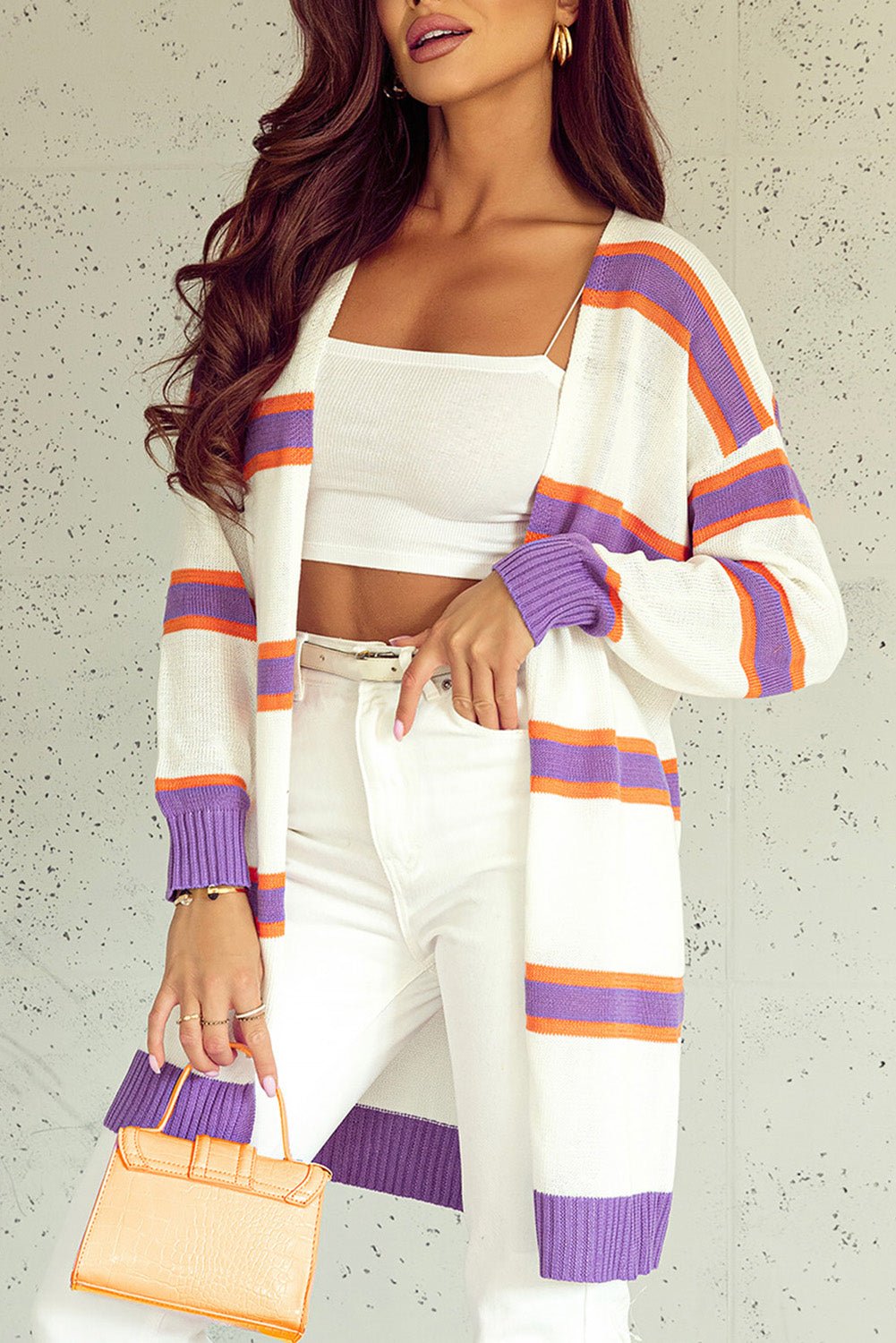 Fashionsarah.com Multicolor Striped Long Sleeve Ribbed Trim Button Cardigan