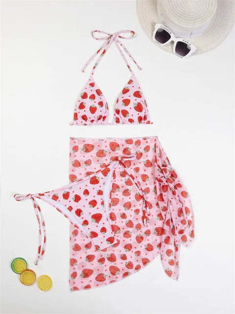 Strawberry Print Bikini Mesh Skirt Swimwear | Fashionsarah.com