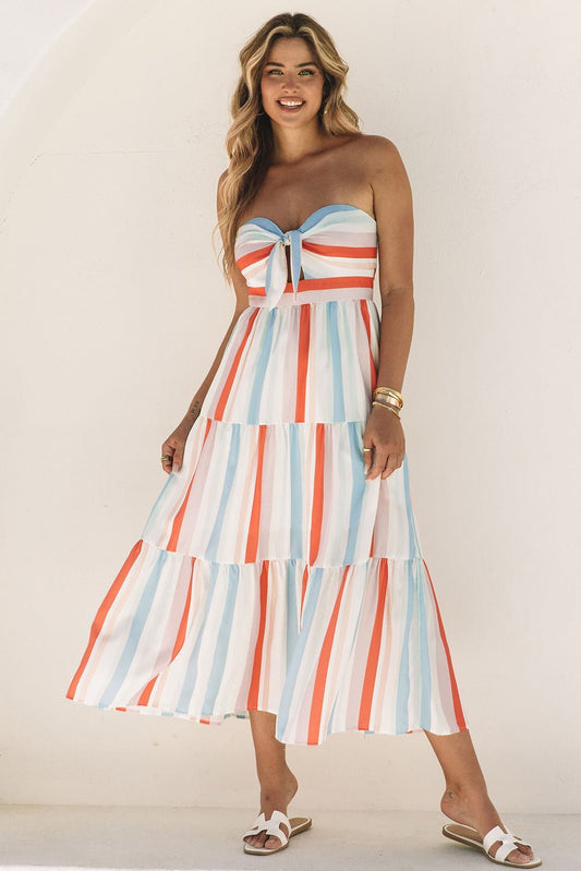 Fashionsarah.com Multicolor Striped Tie Decor Strapless Tiered Maxi Dress
