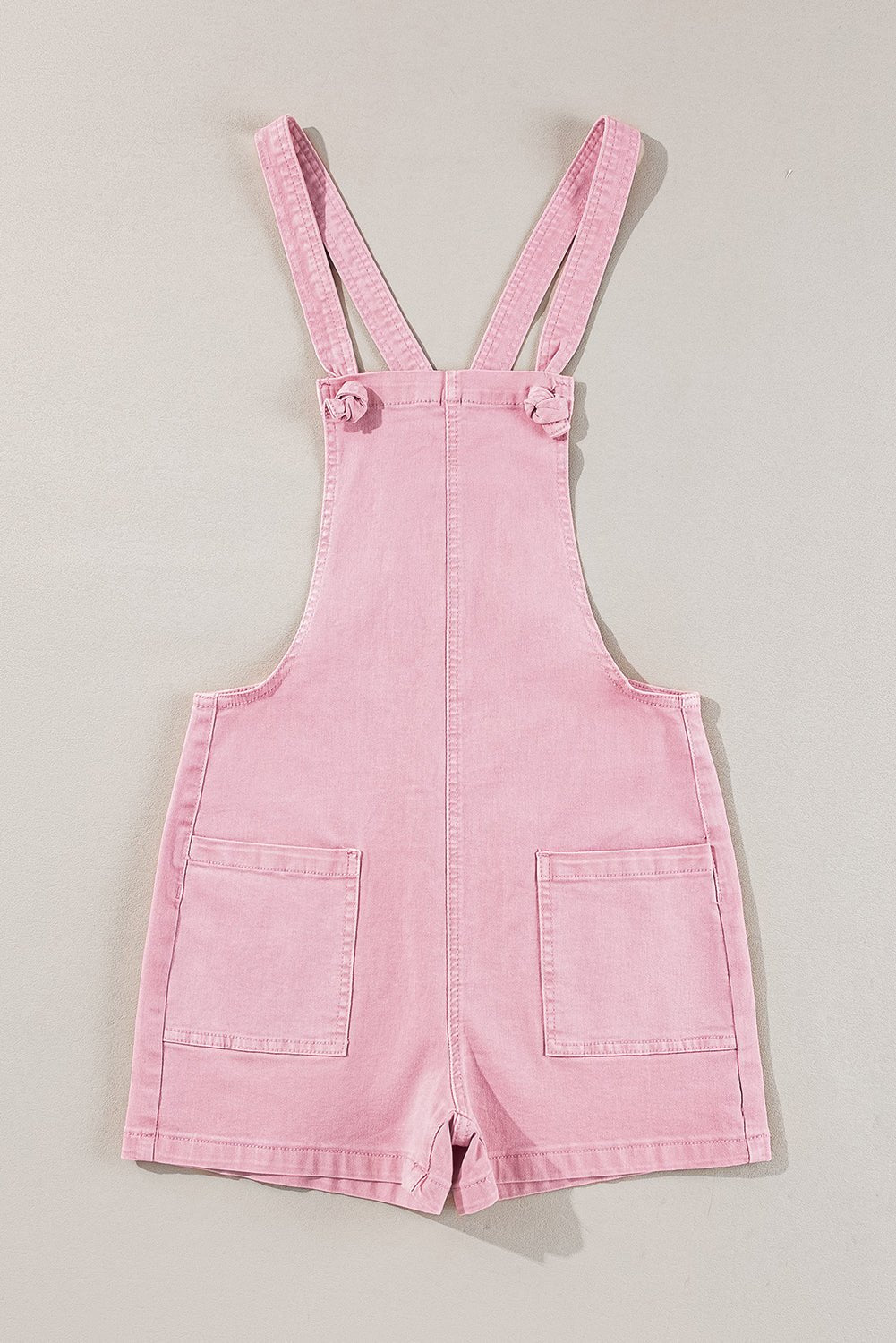 Pink Solid Color Knot Straps Denim Romper with Pockets | Fashionsarah.com