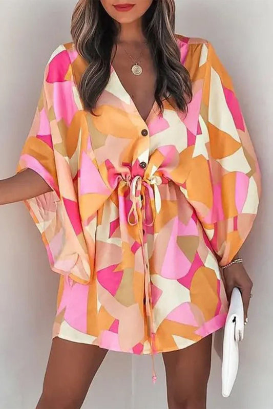 Fashionsarah.com Pink Geometric Drawstring Batwing Sleeve Dress
