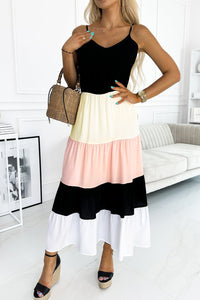 Black Color Block Sleeveless V Neck Long Dress | Fashionsarah.com