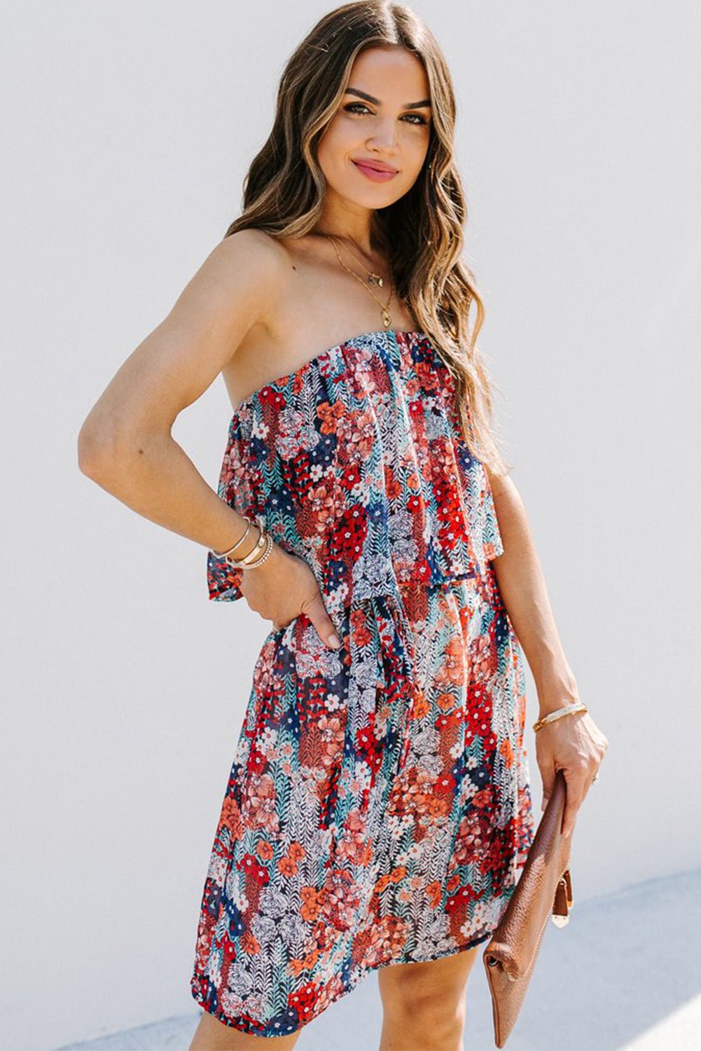 Fashionsarah.com Red Floral Print Tiered Ruffled Bandeau Mini Dress