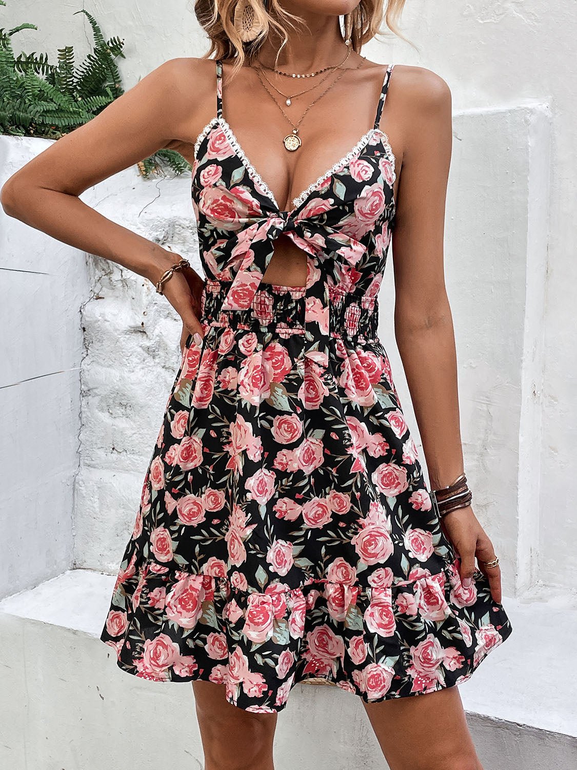 Tied Rose Print Spaghetti Strap Dress | Fashionsarah.com