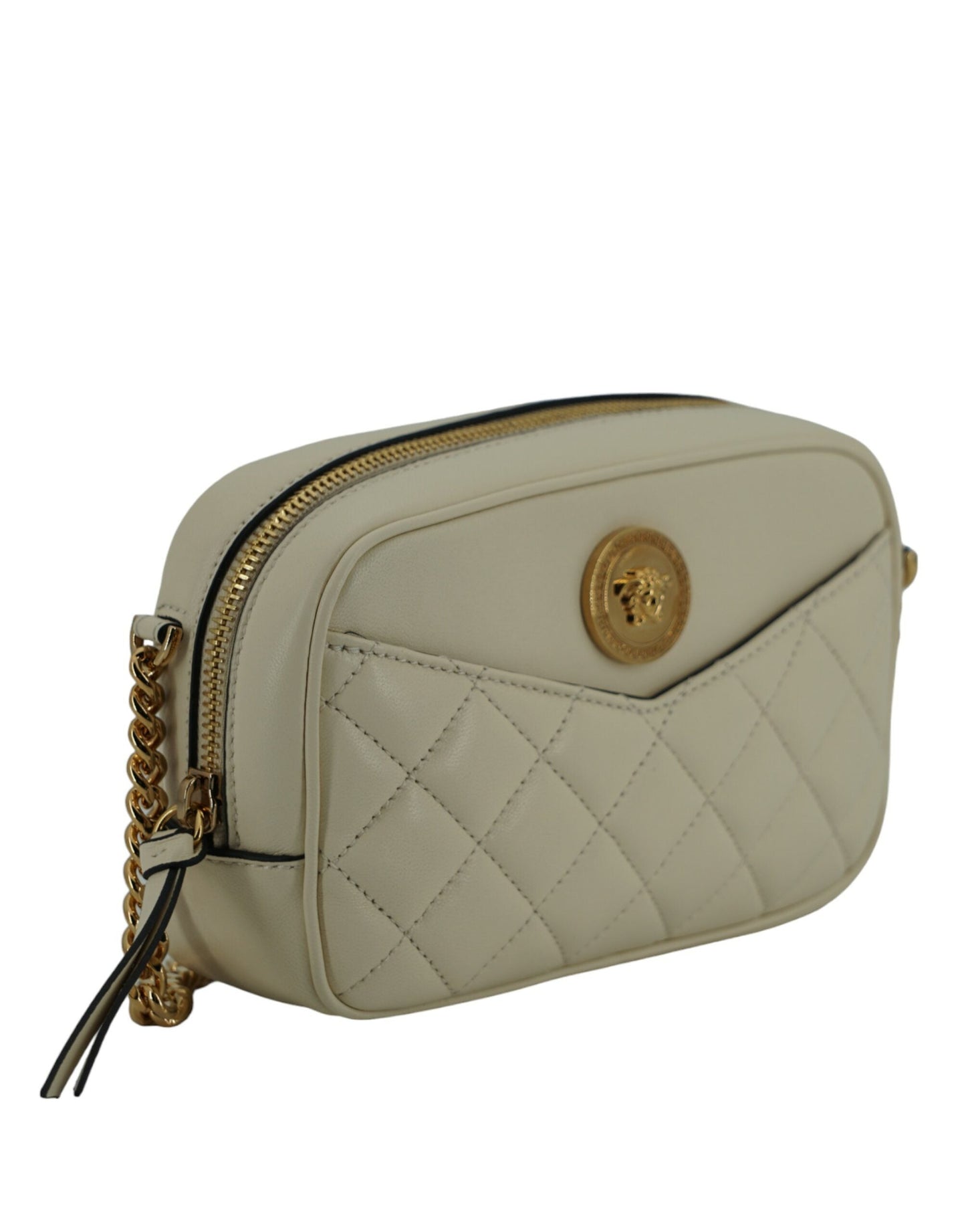 Versace White Lamb Leather Small Camera Crossbody Bag | Fashionsarah.com