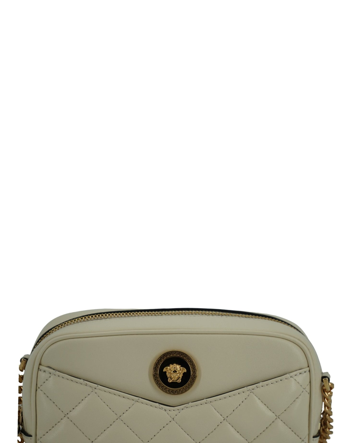 Versace White Lamb Leather Small Camera Crossbody Bag | Fashionsarah.com