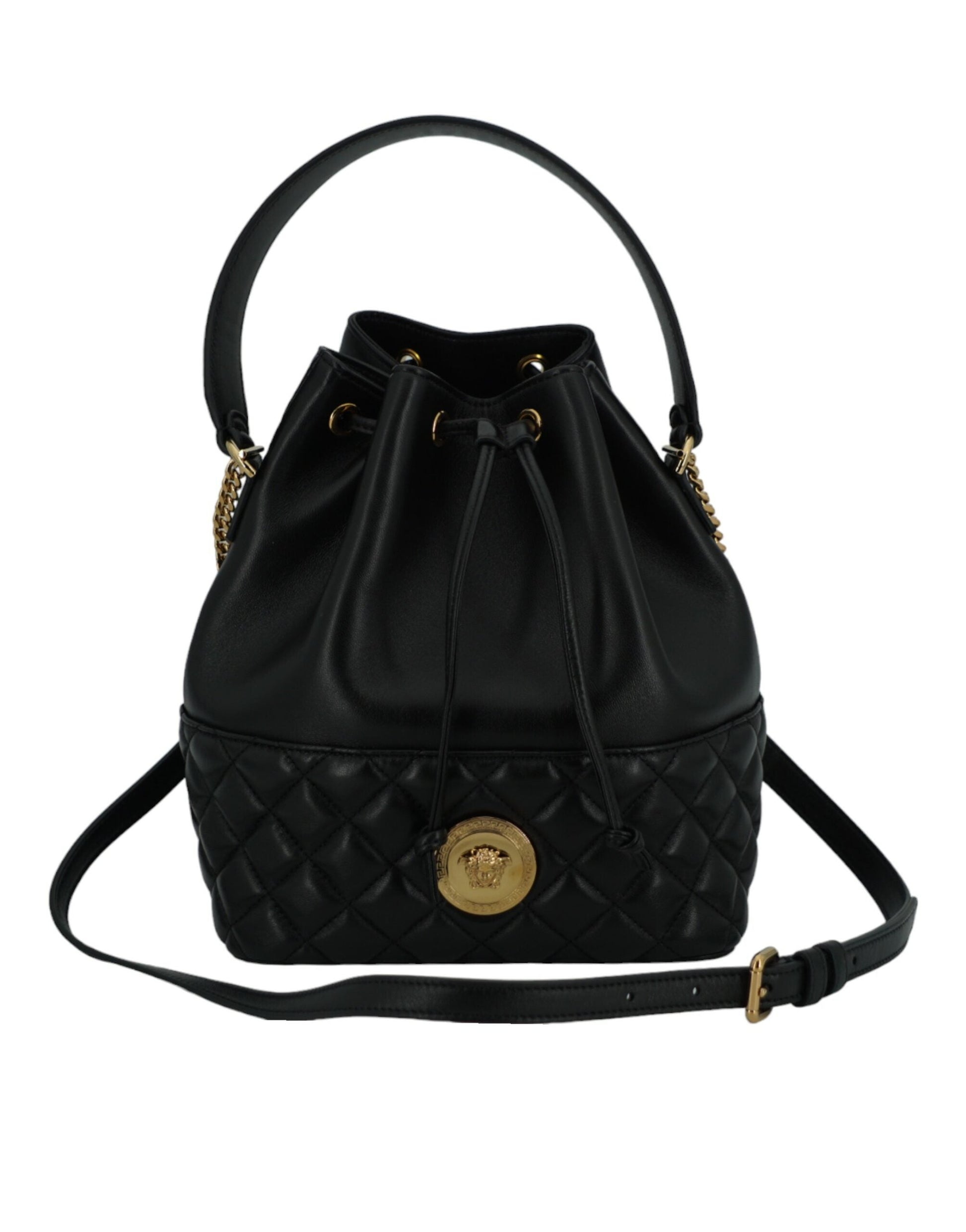 Fashionsarah.com Fashionsarah.com Versace Elegant Black Leather Medusa Bucket Shoulder Bag