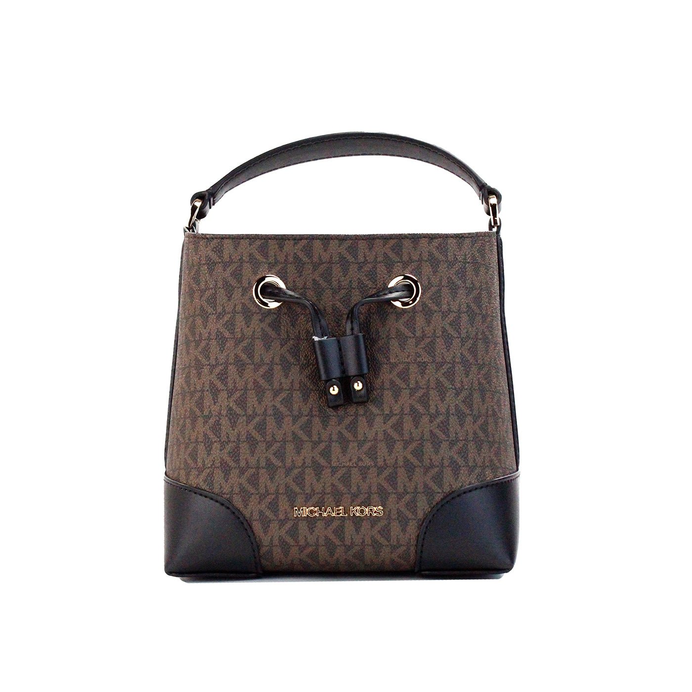 Michael Kors Mercer Small Brown Black Signature Leather Bucket Crossbody Bag | Fashionsarah.com