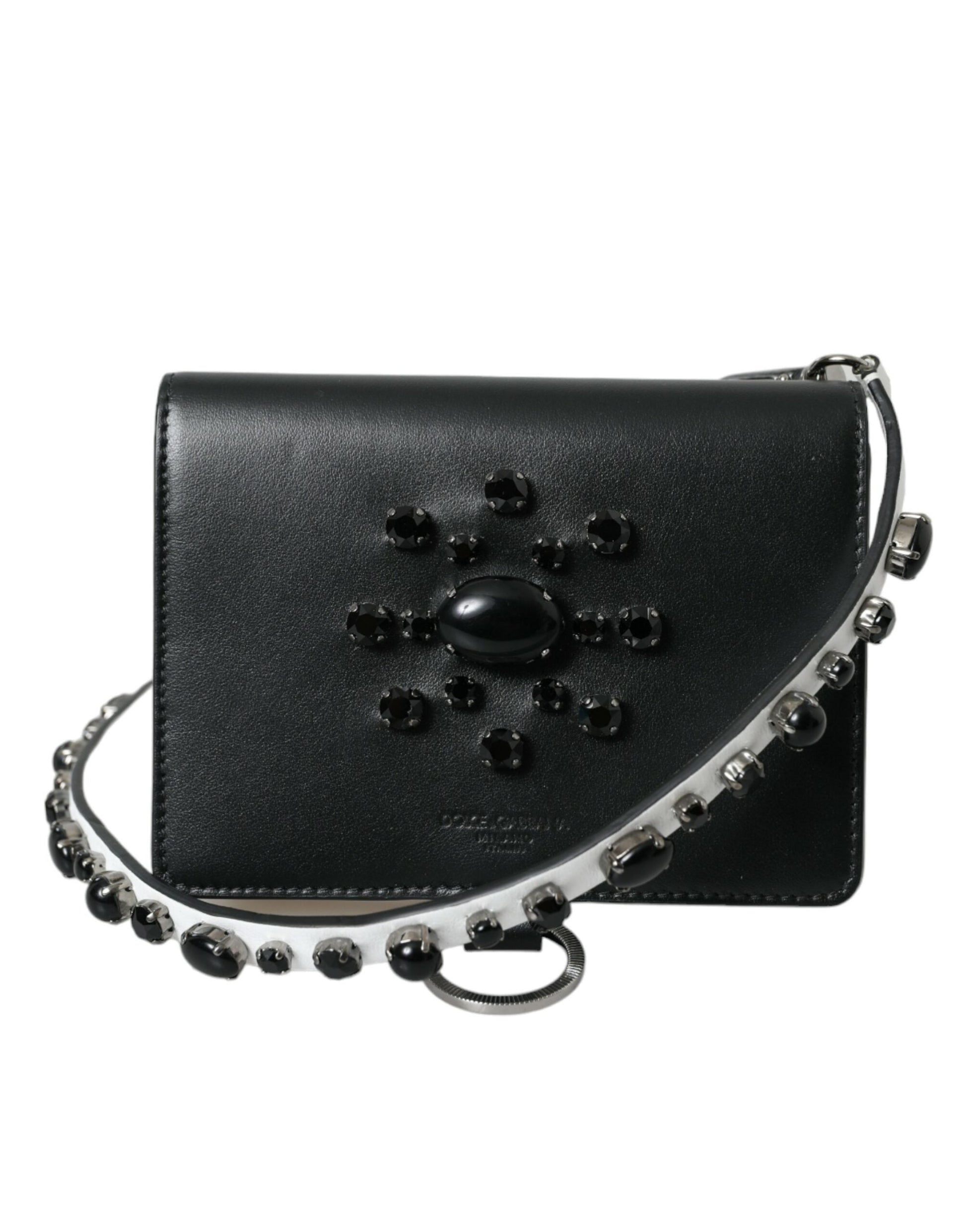 Dolce & Gabbana Black White Leather Crystal Embellished Cardholder Wallet | Fashionsarah.com