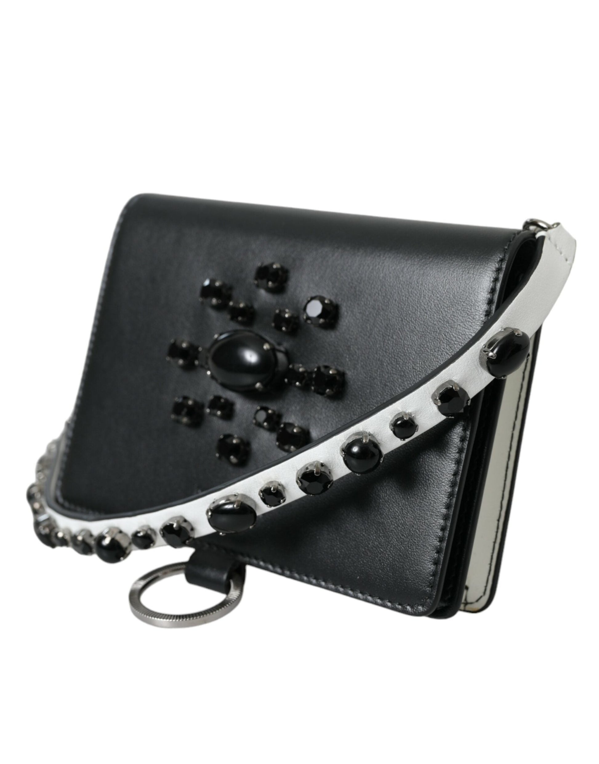 Dolce & Gabbana Black White Leather Crystal Embellished Cardholder Wallet | Fashionsarah.com