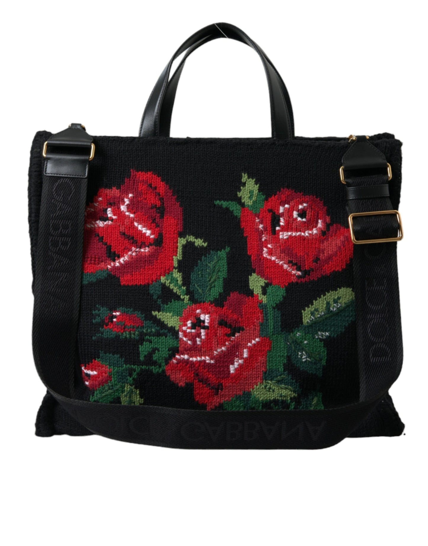 Dolce & Gabbana Black Cashmere Rose Embroidery Shopping Tote Bag | Fashionsarah.com