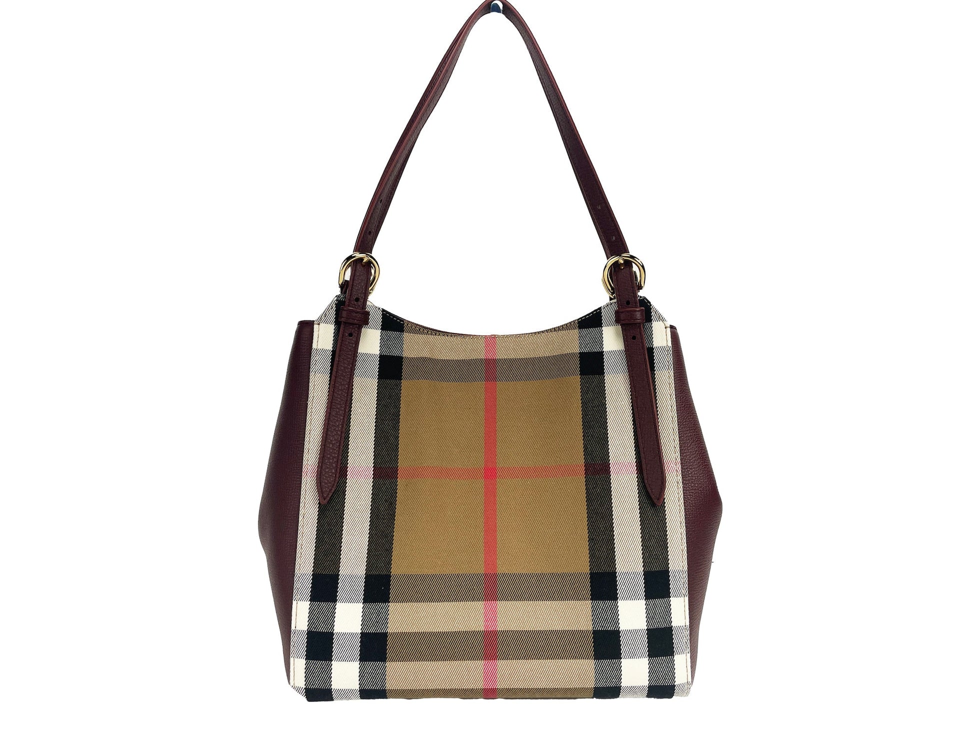 Burberry Small Canterby Mahogany Leather Check Canvas Tote Bag | Fashionsarah.com