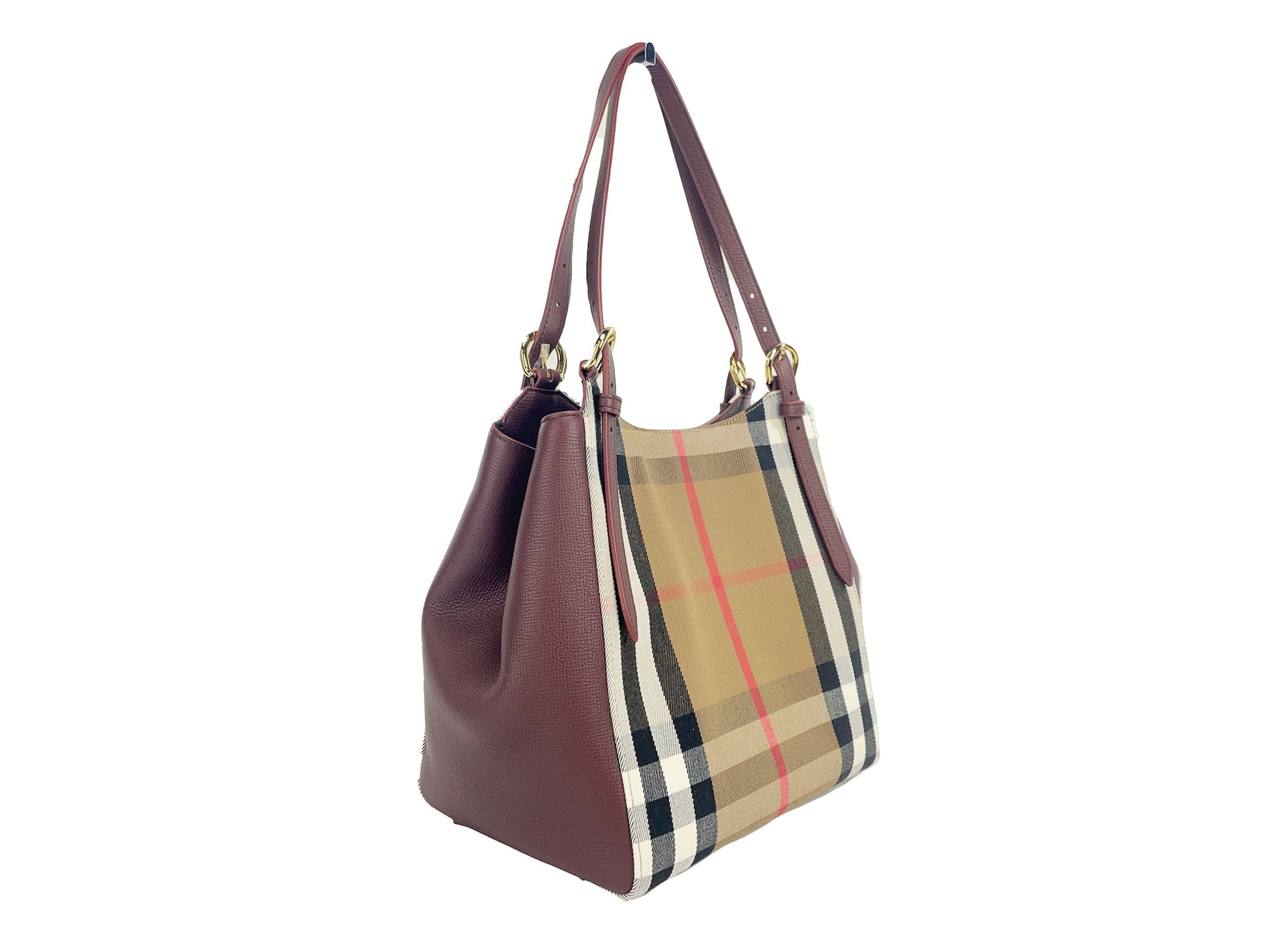 Burberry Small Canterby Mahogany Leather Check Canvas Tote Bag | Fashionsarah.com