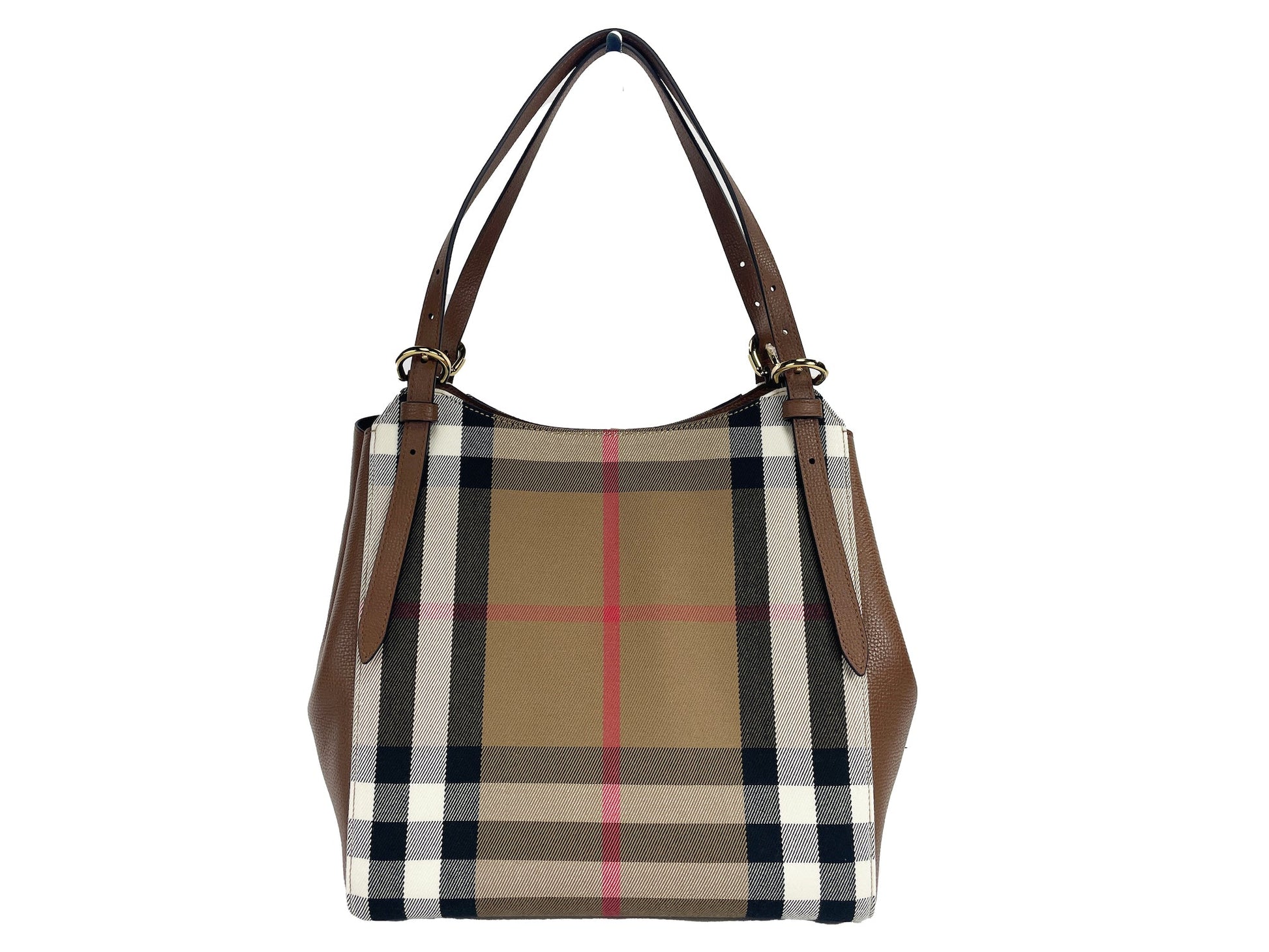 Burberry Small Canterby Tan Leather Check Canvas Tote Bag | Fashionsarah.com