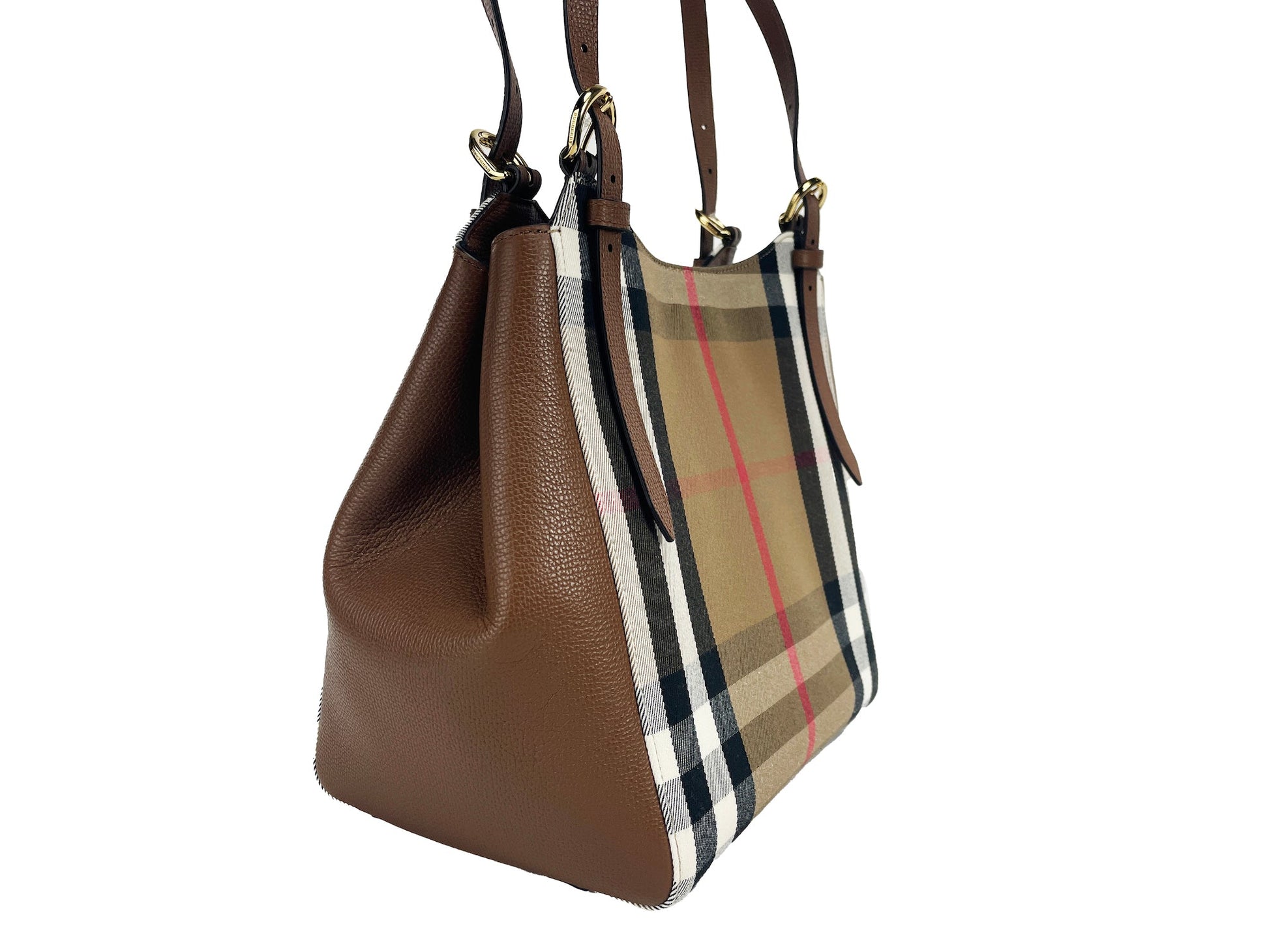 Burberry Small Canterby Tan Leather Check Canvas Tote Bag | Fashionsarah.com