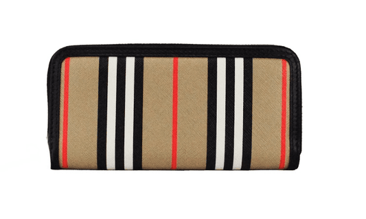 Burberry Ellerby Black Leather Icon Stripe Canvas Zip Around Continental Wallet | Fashionsarah.com