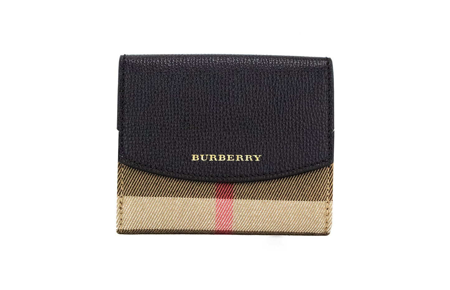 Burberry Luna Black Grained Leather House Check Canvas Coin Pouch Snap Wallet | Fashionsarah.com