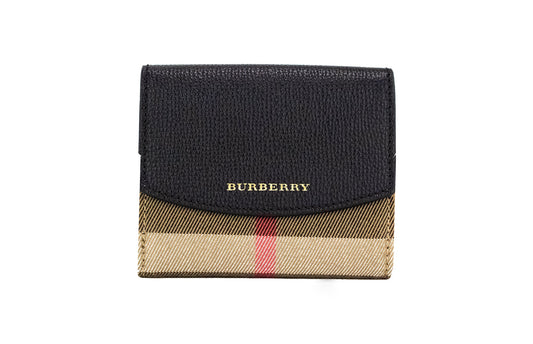 Burberry Luna Black Grained Leather House Check Canvas Coin Pouch Snap Wallet | Fashionsarah.com