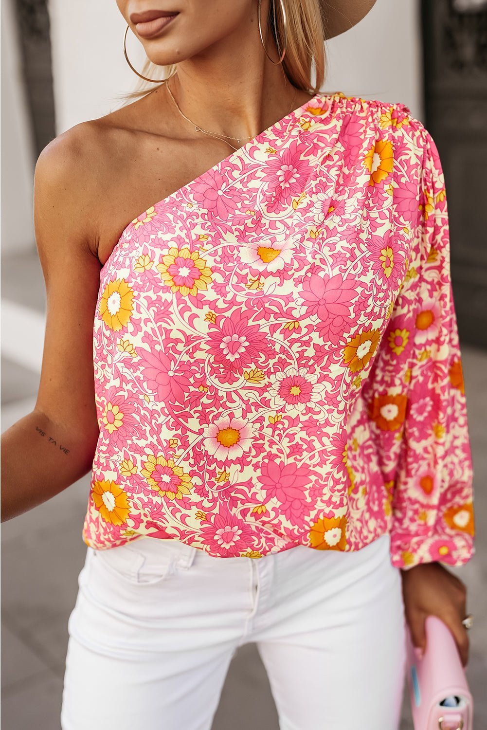 Women Pink Floral One Shoulder Pleated Bubble Sleeve Blouse | Fashionsarah.com