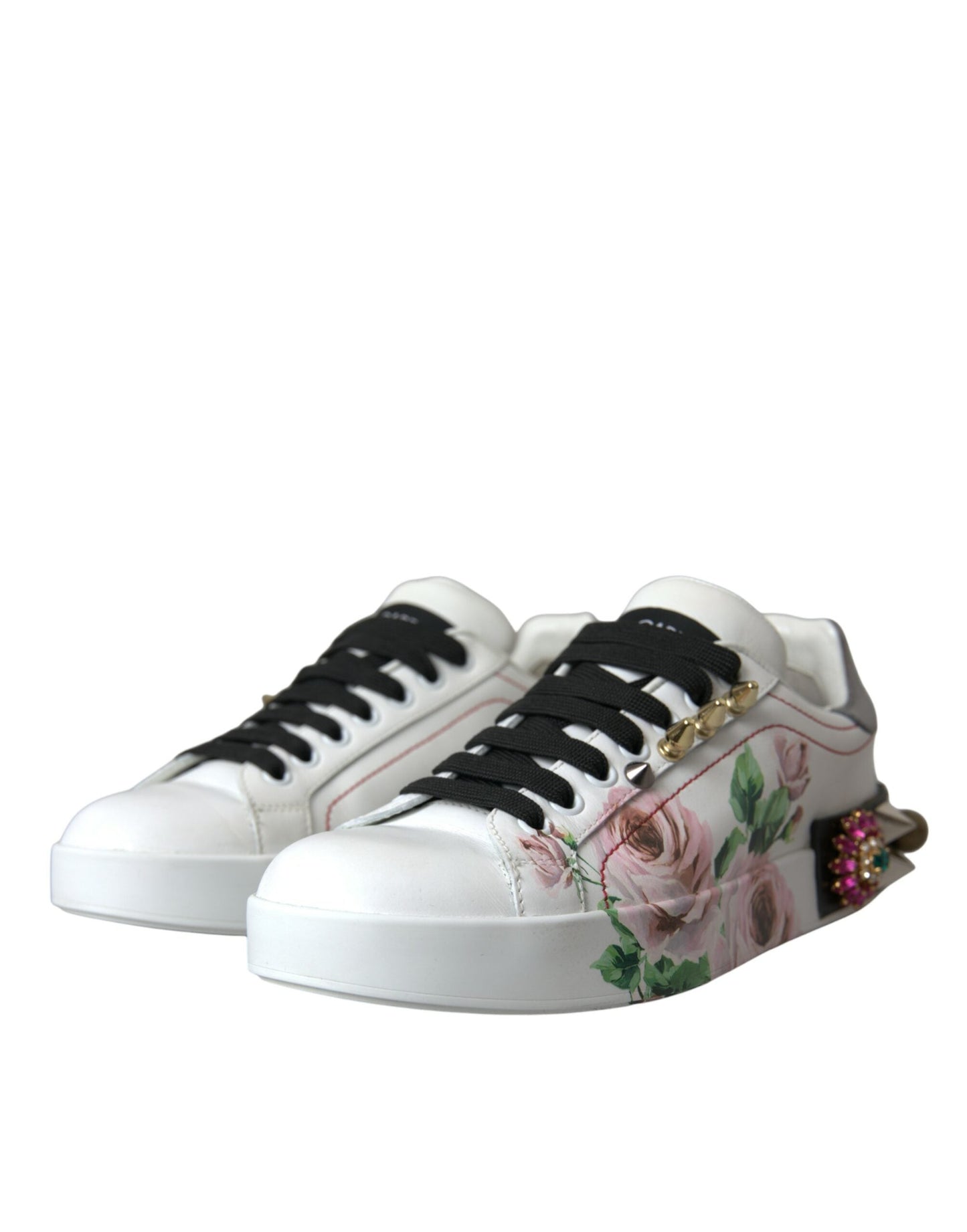 Dolce & Gabbana White Leather Crystal Roses Floral Sneakers Shoes | Fashionsarah.com