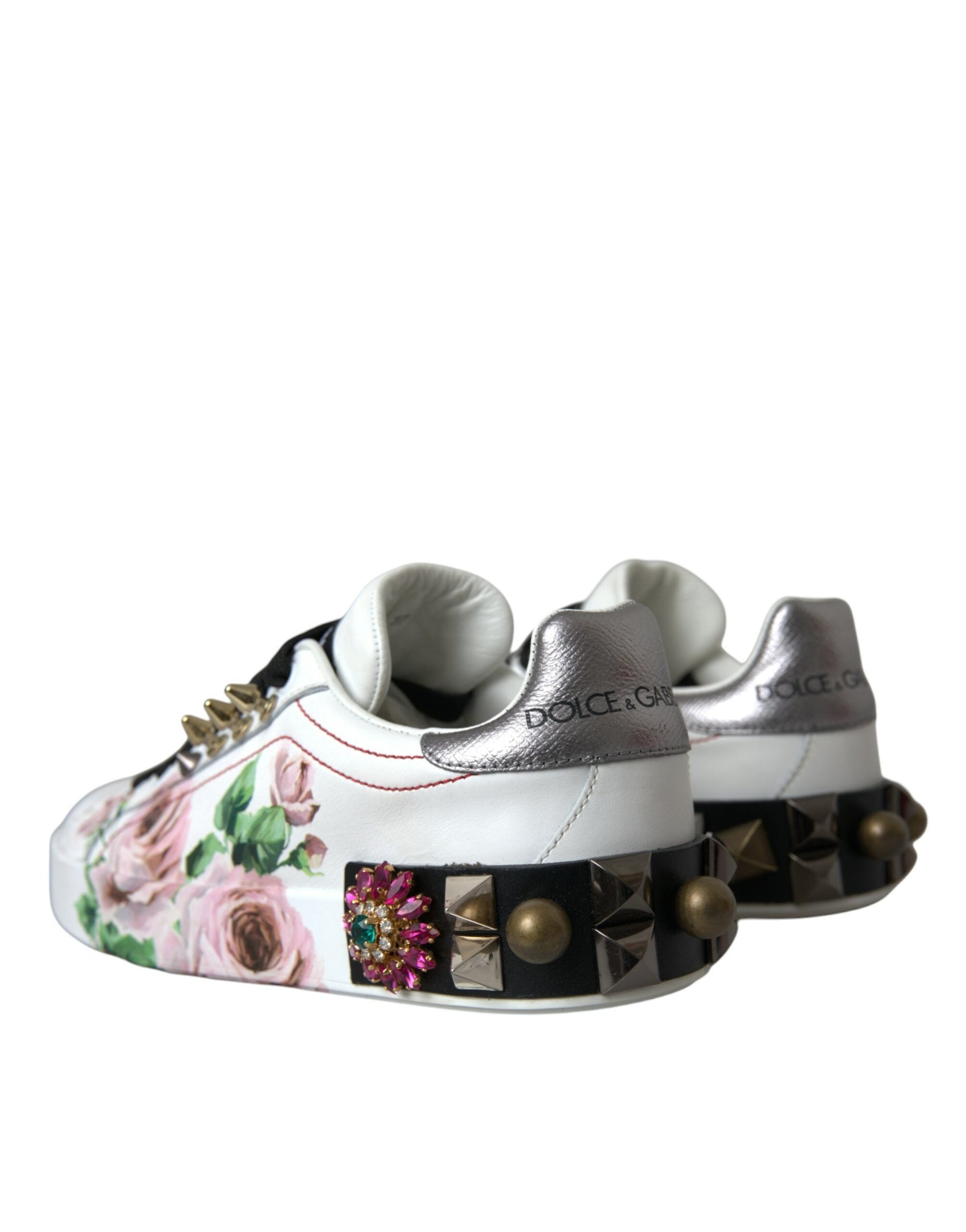 Dolce & Gabbana White Leather Crystal Roses Floral Sneakers Shoes | Fashionsarah.com