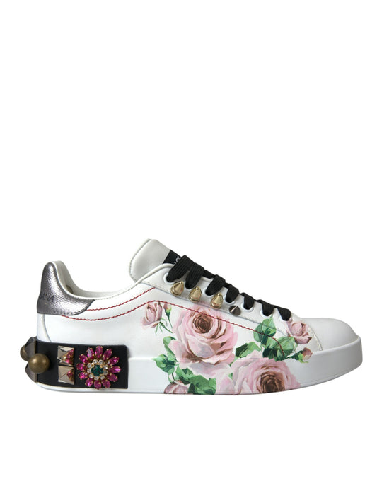 Dolce & Gabbana White Leather Crystal Roses Floral Sneakers Shoes | Fashionsarah.com