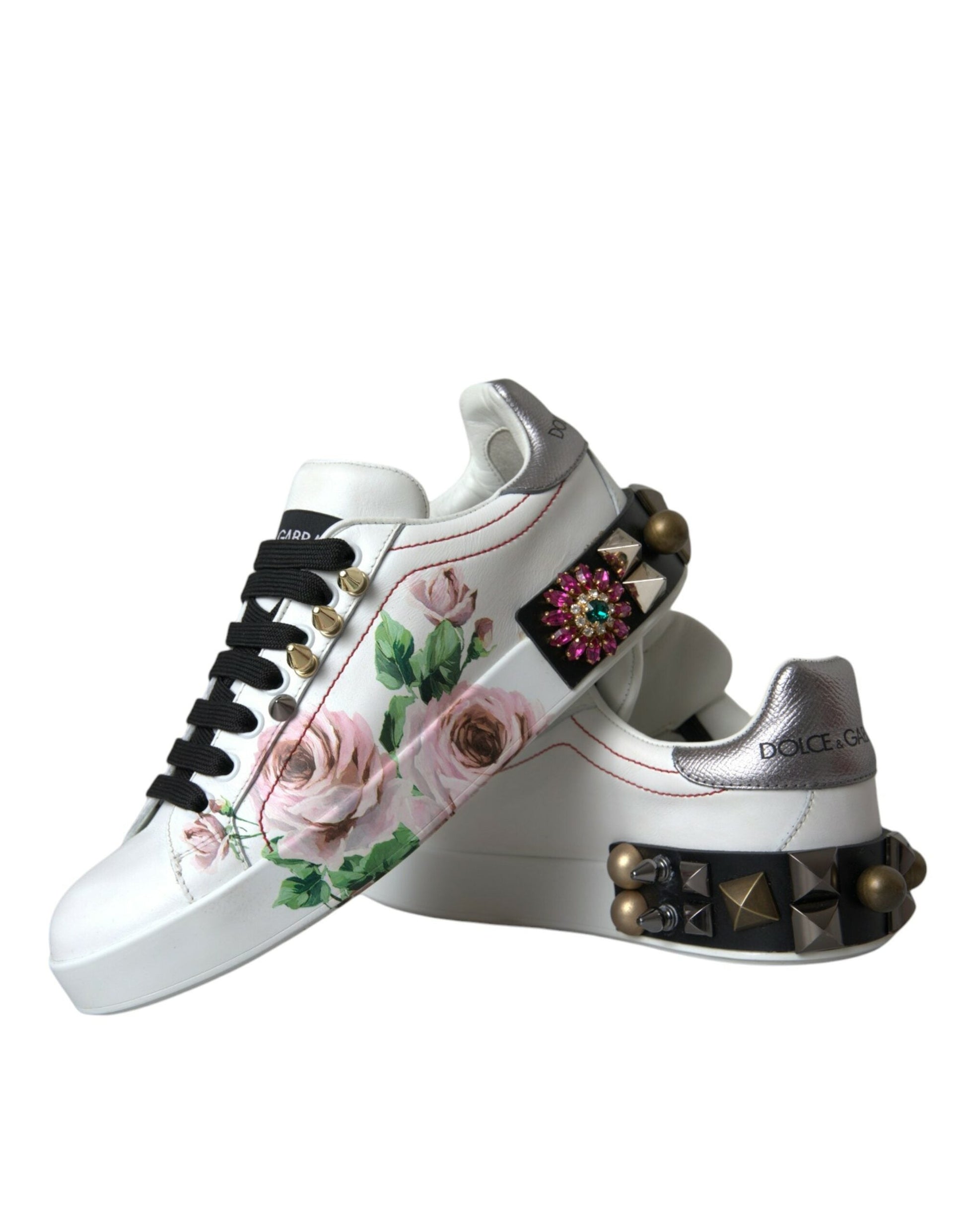 Dolce & Gabbana White Leather Crystal Roses Floral Sneakers Shoes | Fashionsarah.com