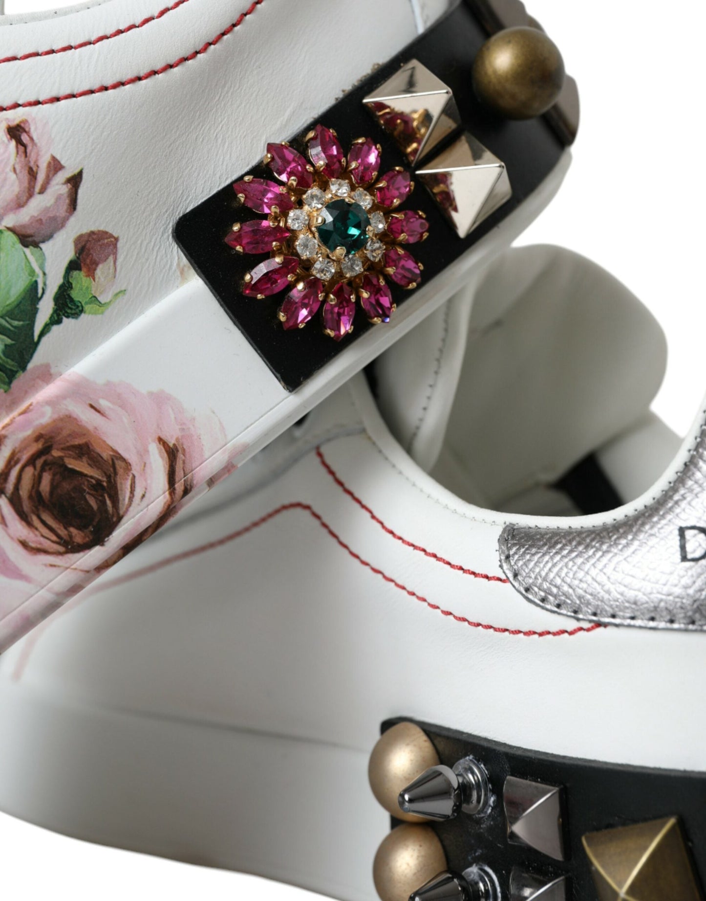 Dolce & Gabbana White Leather Crystal Roses Floral Sneakers Shoes | Fashionsarah.com