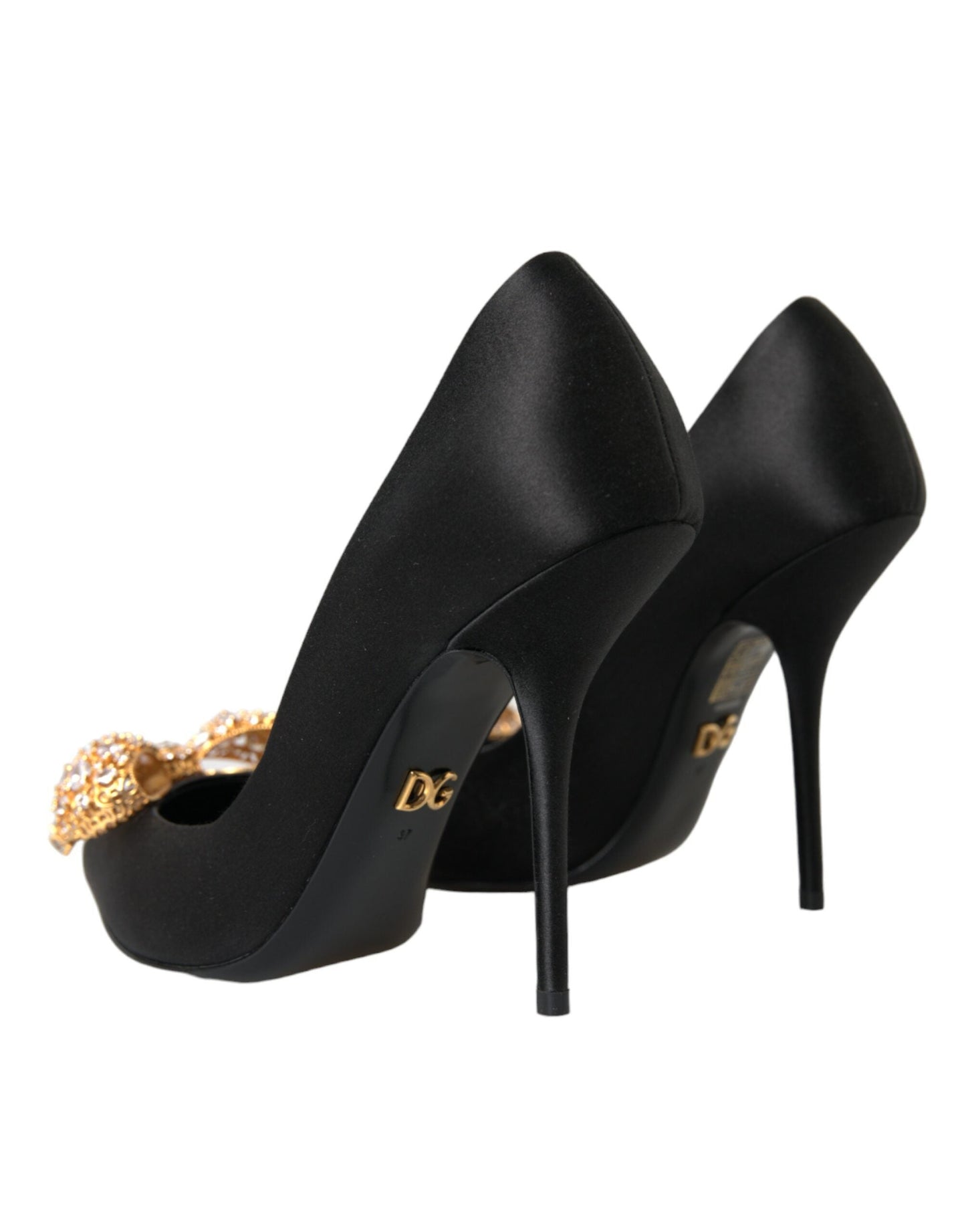 Dolce & Gabbana Black Satin Bow Crystal Heels Pumps Shoes | Fashionsarah.com