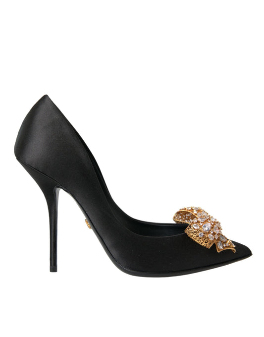 Dolce & Gabbana Black Satin Bow Crystal Heels Pumps Shoes | Fashionsarah.com