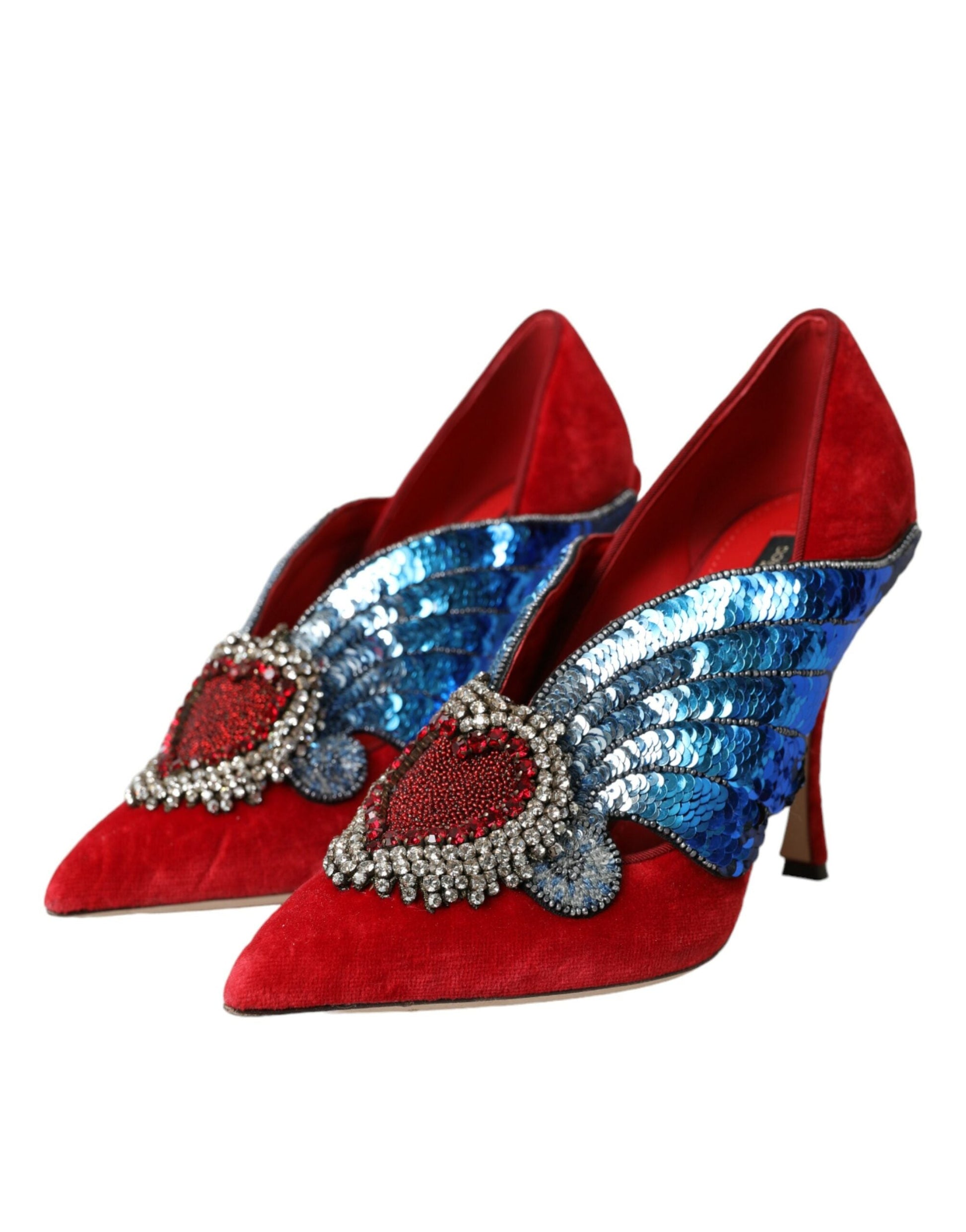 Dolce & Gabbana Red Velvet Sequin Crystal Heels Pumps Shoes | Fashionsarah.com