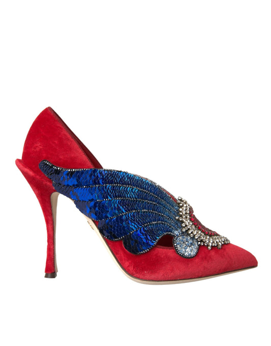 Dolce & Gabbana Red Velvet Sequin Crystal Heels Pumps Shoes | Fashionsarah.com