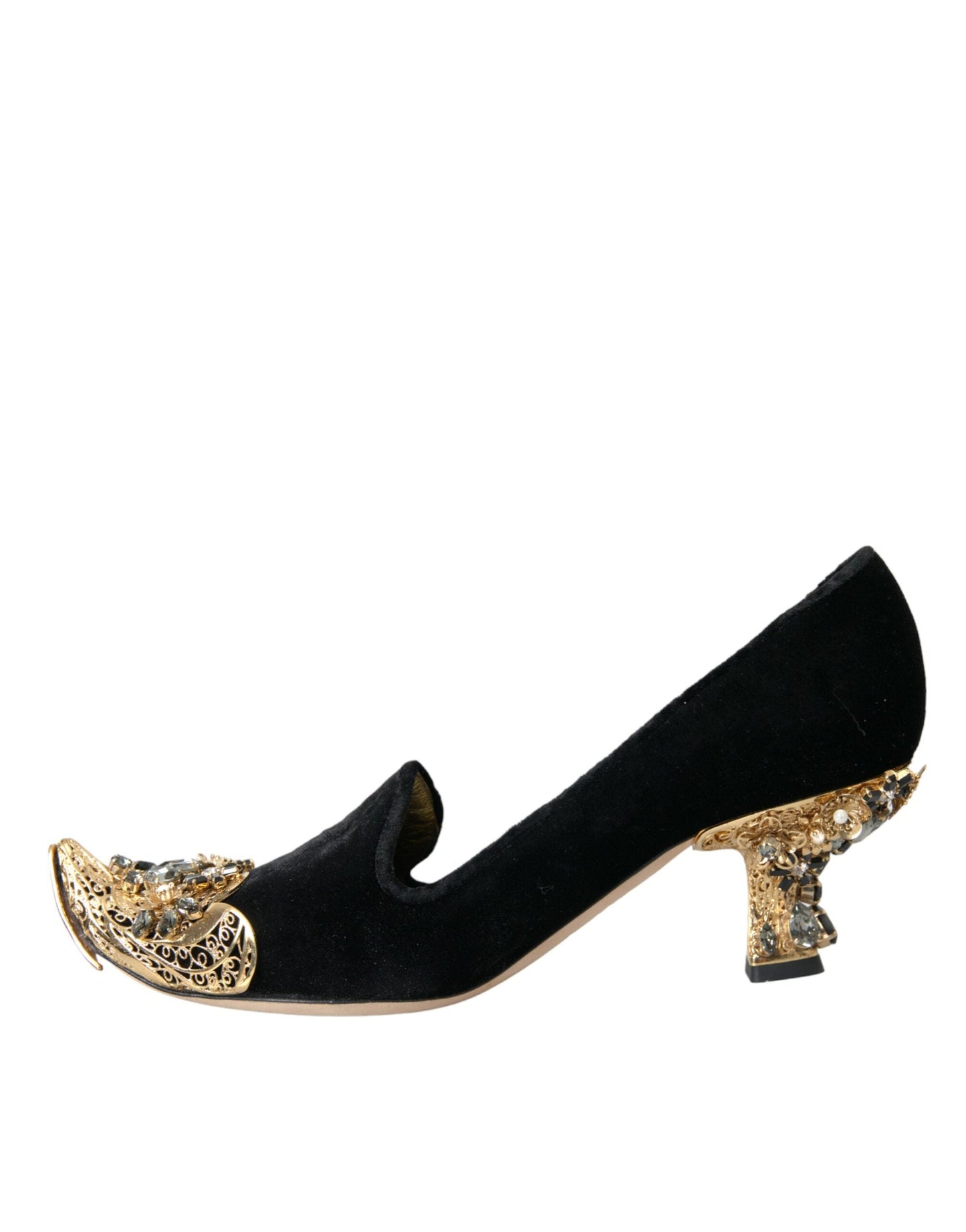 Dolce & Gabbana Black Velvet Embellished Heels Pumps Shoes | Fashionsarah.com