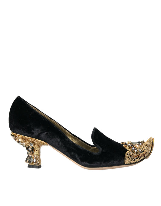 Dolce & Gabbana Black Velvet Embellished Heels Pumps Shoes | Fashionsarah.com