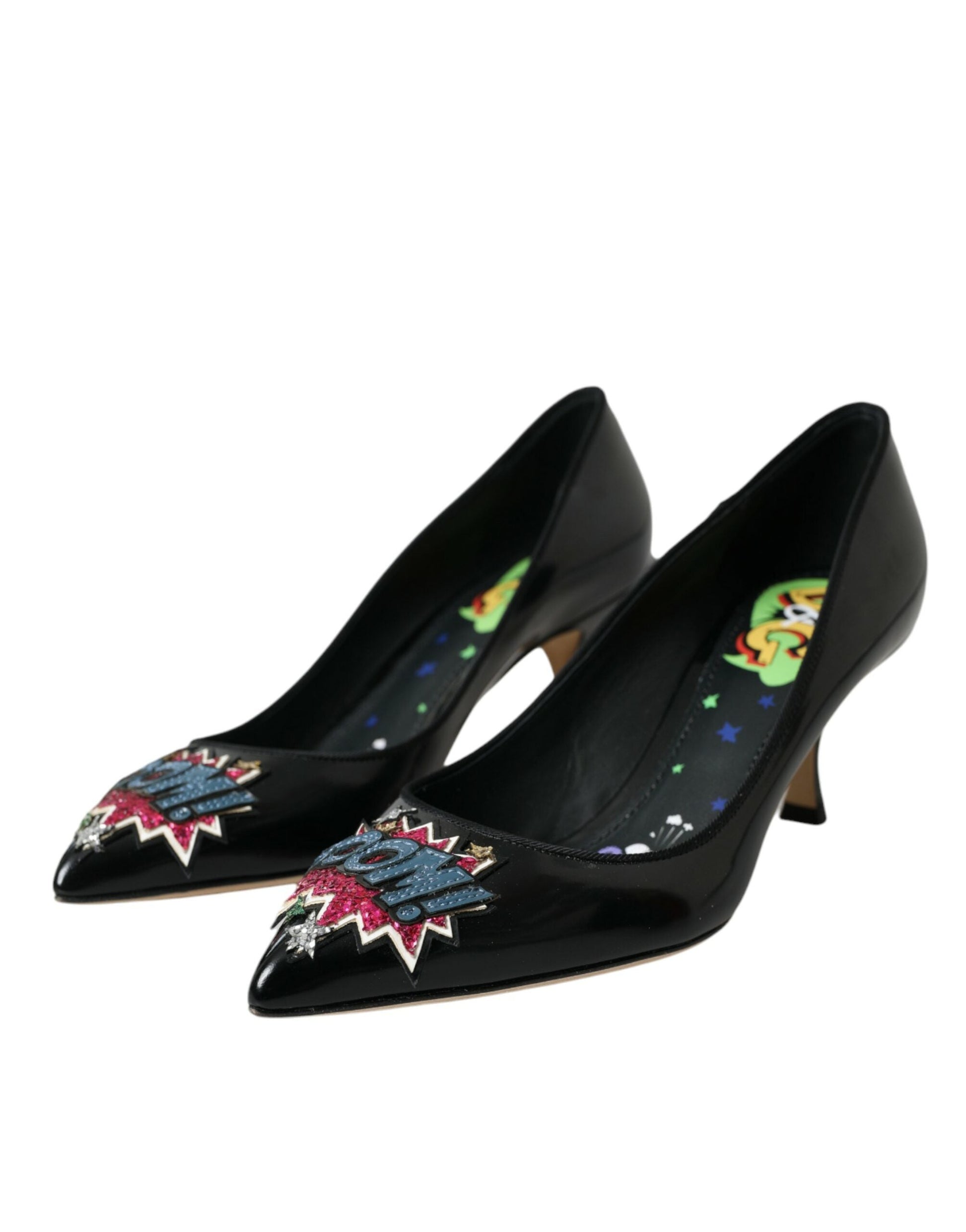 Dolce & Gabbana Black Leather BOOM Patch Heels Pumps Shoes | Fashionsarah.com