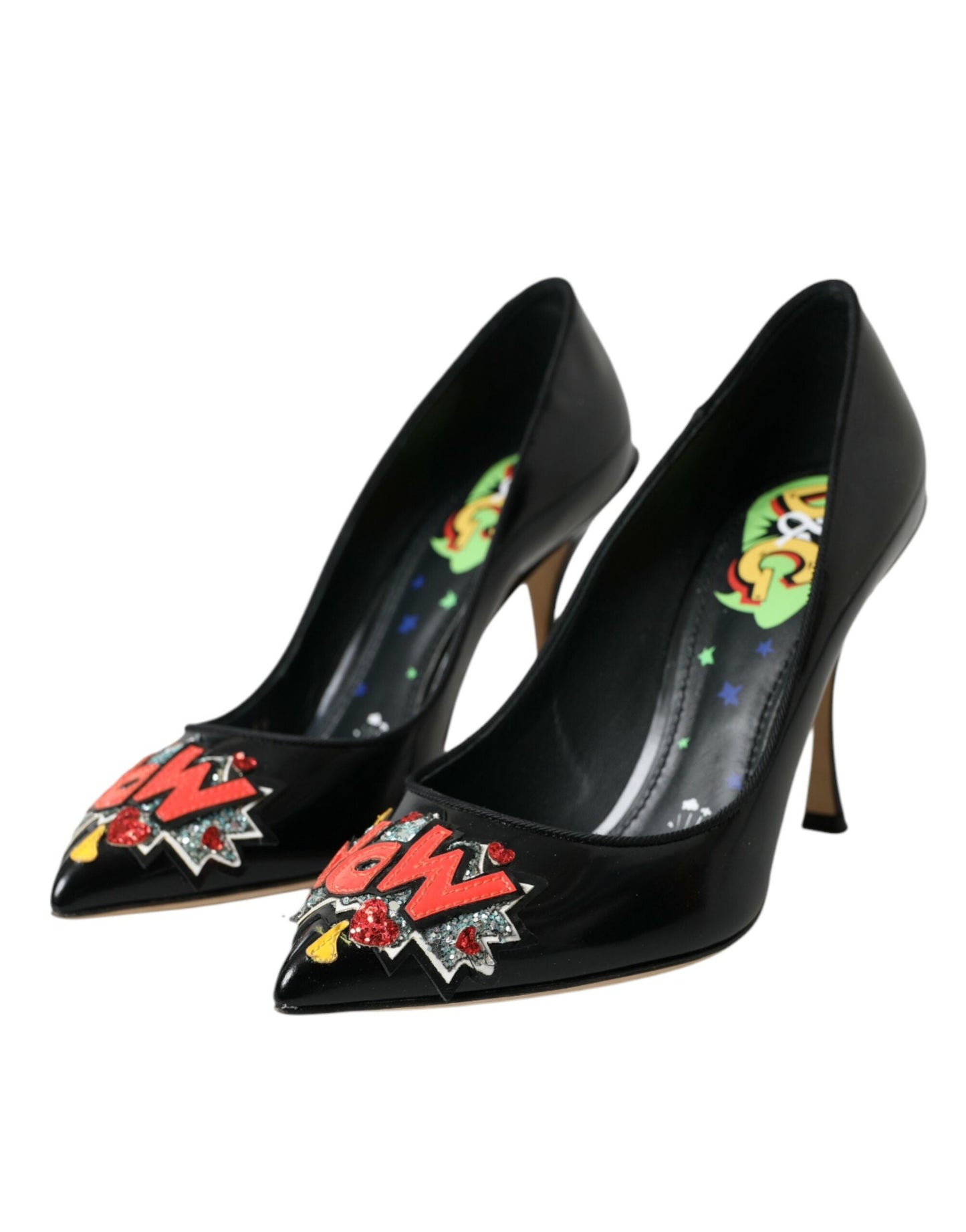 Dolce & Gabbana Black Leather WOW Patch Heels Pumps Shoes | Fashionsarah.com