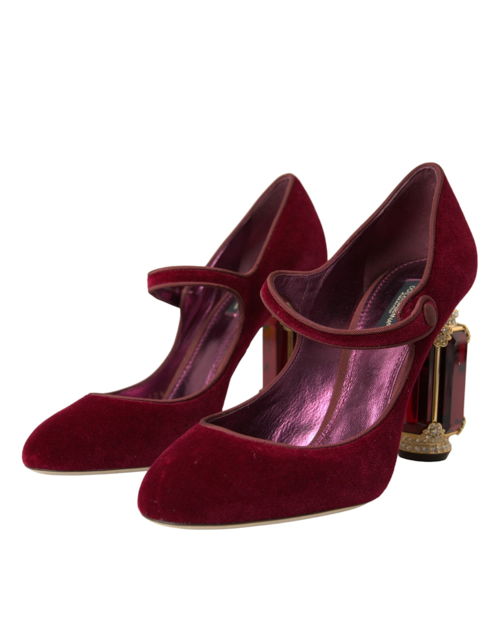 Dolce & Gabbana Red Velvet Gold Crystals Heels Mary Jane Shoes | Fashionsarah.com