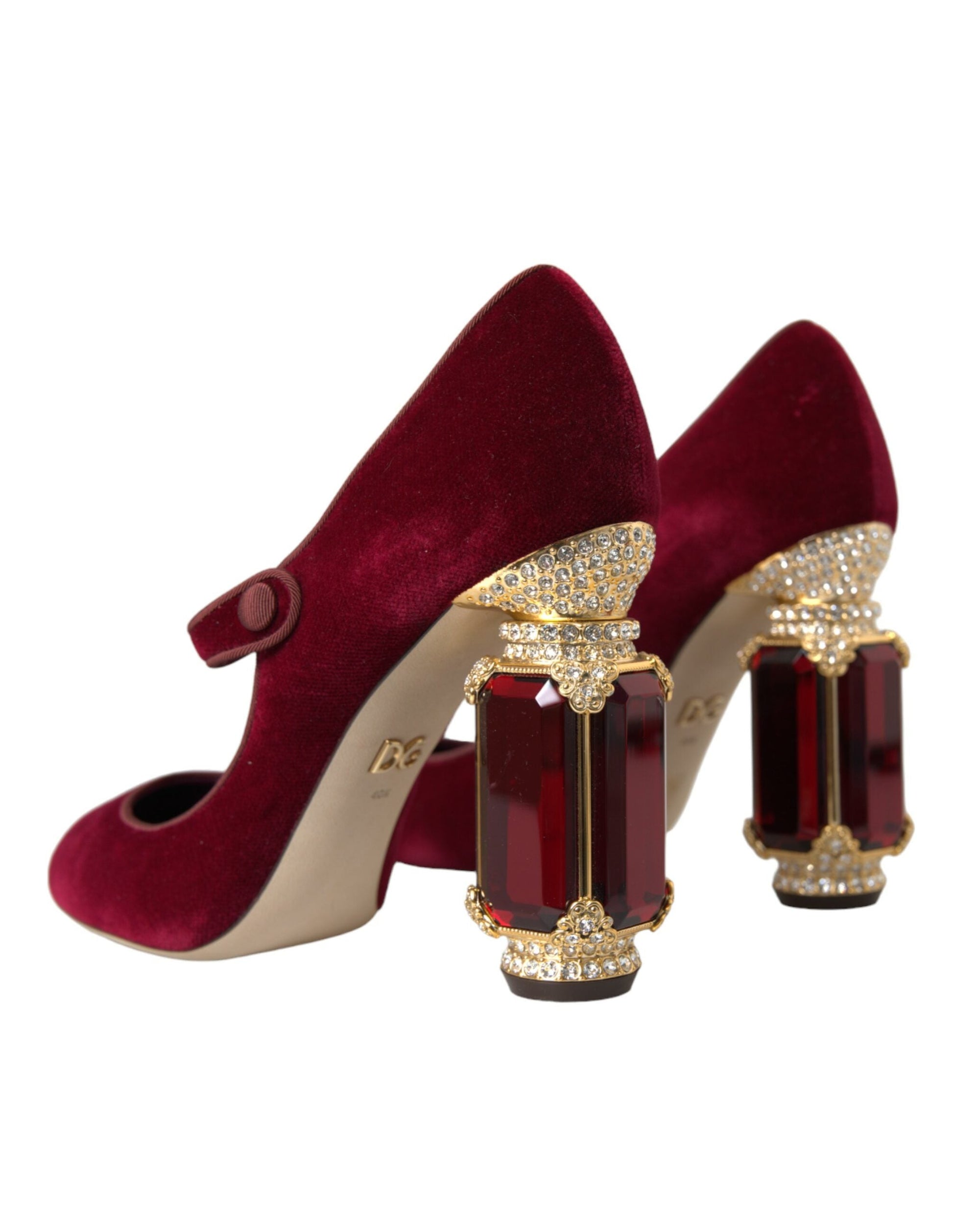 Dolce & Gabbana Red Velvet Gold Crystals Heels Mary Jane Shoes | Fashionsarah.com