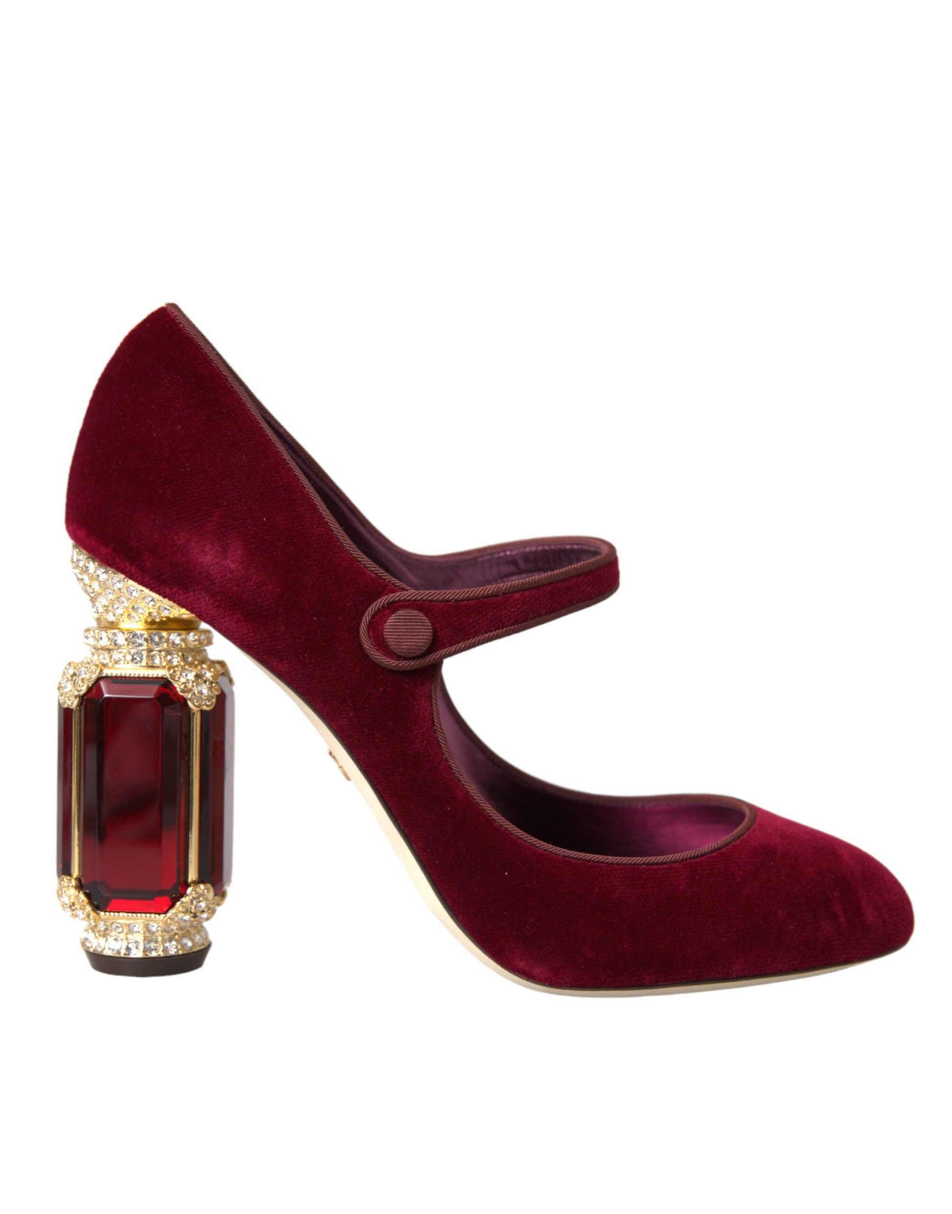 Dolce & Gabbana Red Velvet Gold Crystals Heels Mary Jane Shoes | Fashionsarah.com