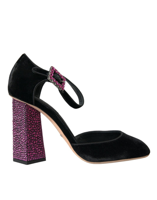 Dolce & Gabbana Black Velvet Strass Crystal Mary Janes Shoes | Fashionsarah.com