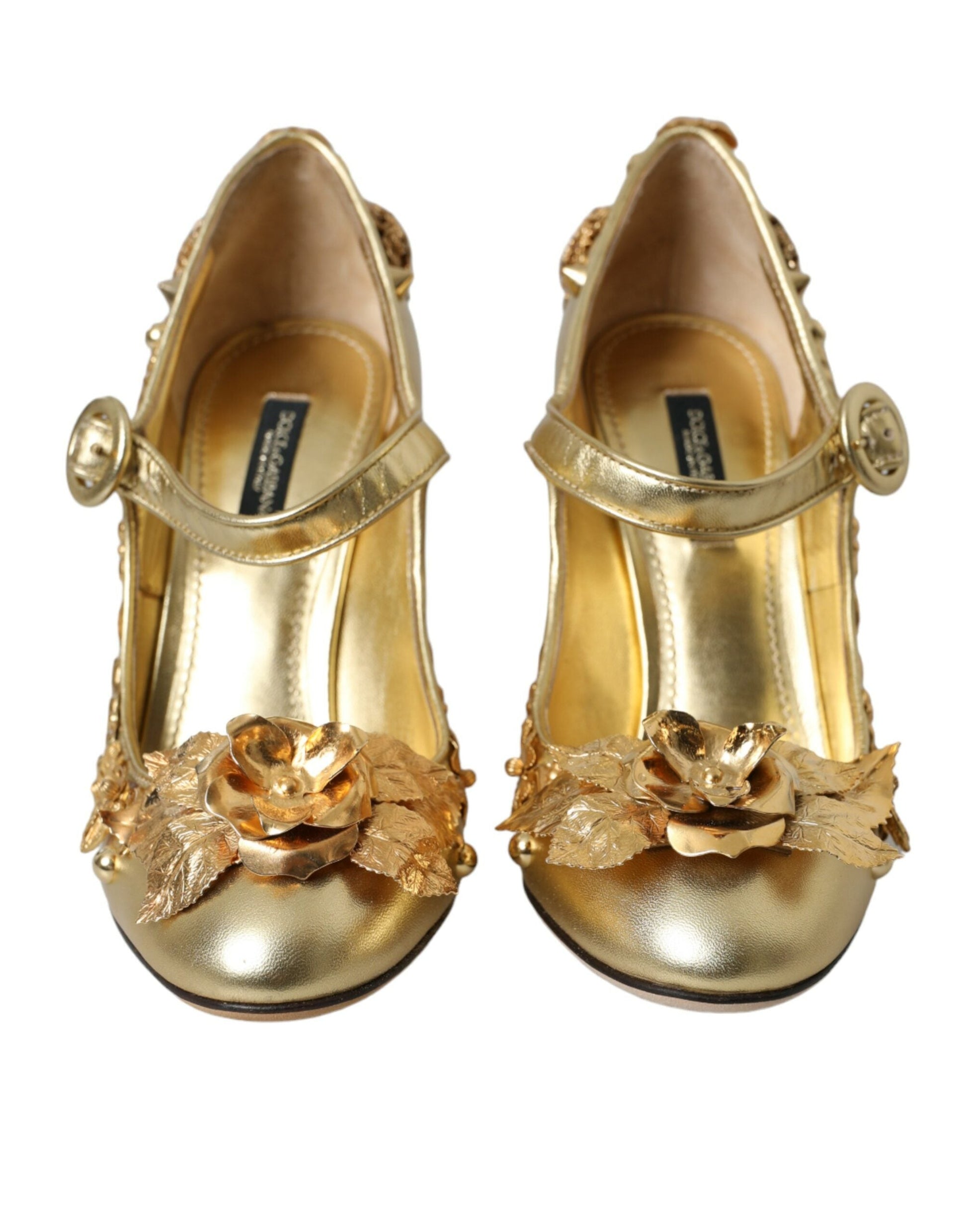 Dolce & Gabbana Gold Leather Crystal Mary Janes Pumps Shoes | Fashionsarah.com