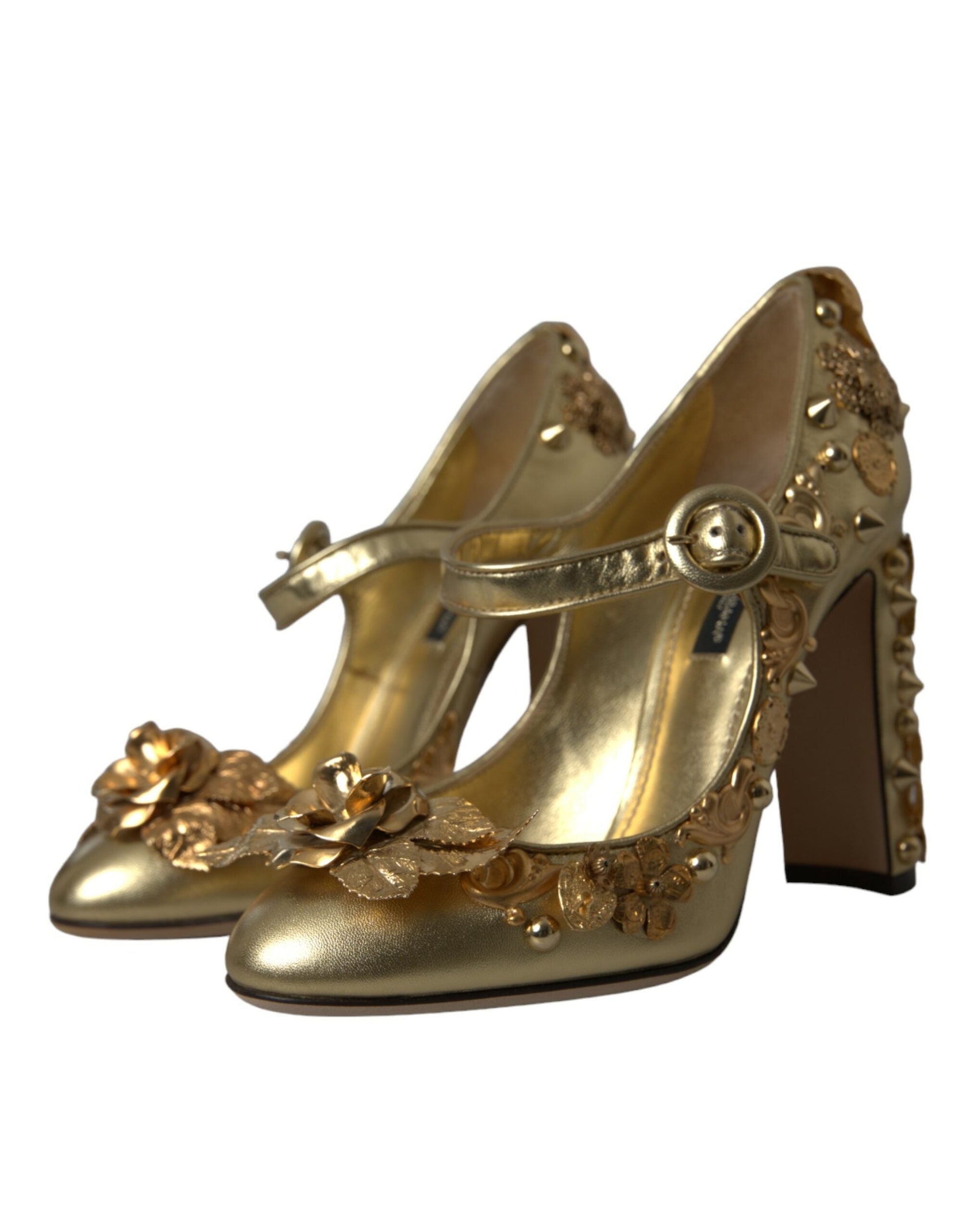 Dolce & Gabbana Gold Leather Crystal Mary Janes Pumps Shoes | Fashionsarah.com