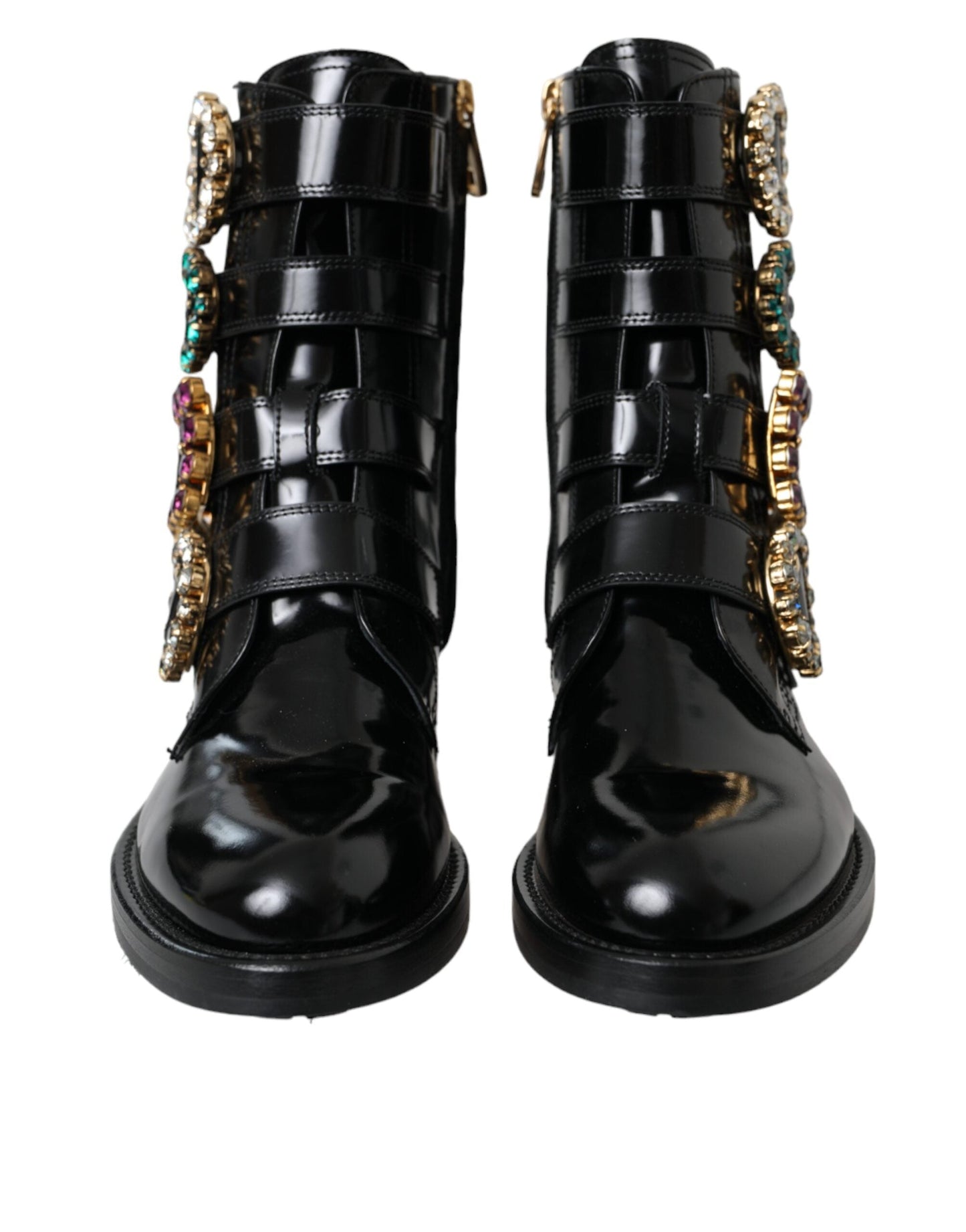 Fashionsarah.com Fashionsarah.com Dolce & Gabbana Black Leather Crystal Buckles Boots Shoes