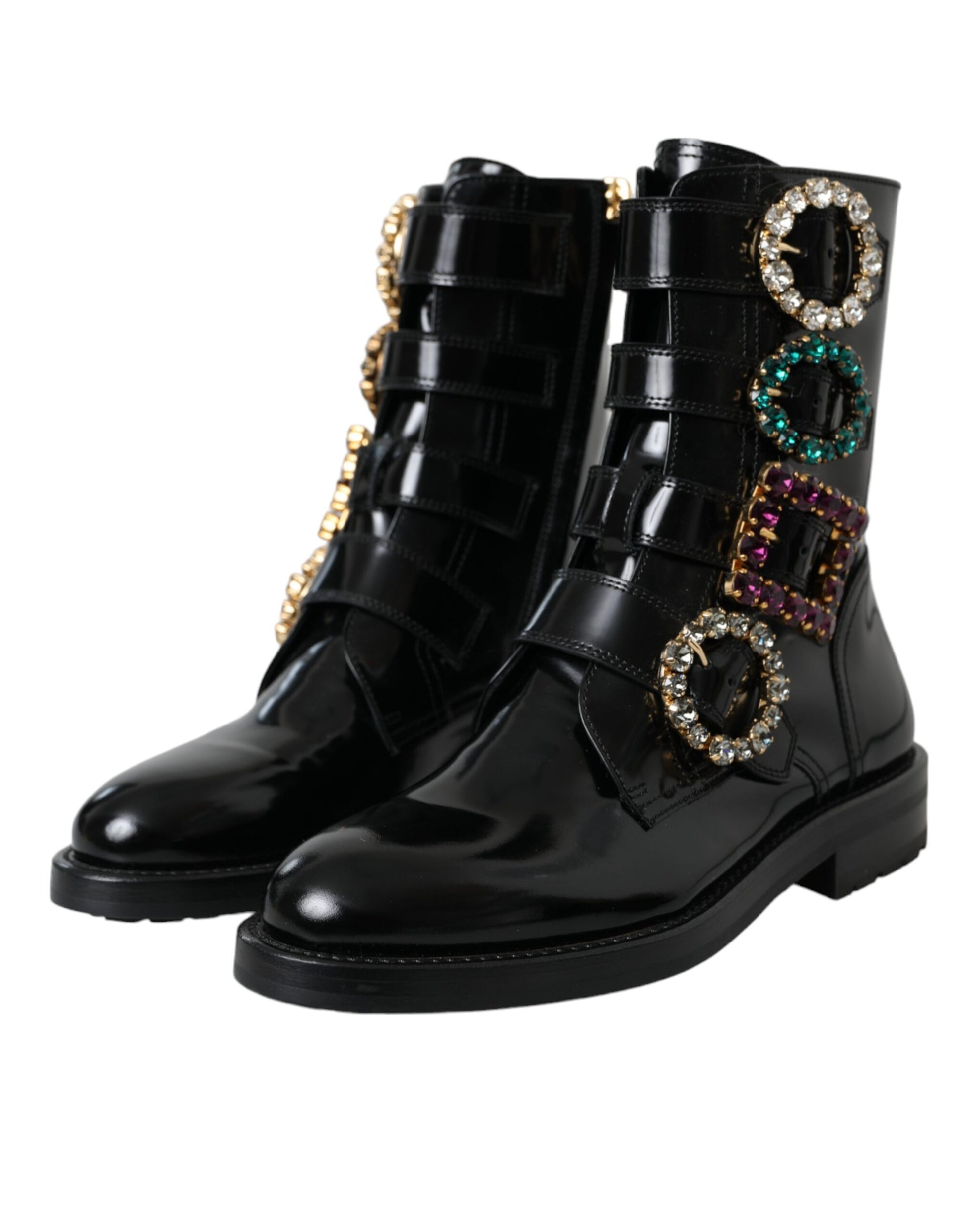 Fashionsarah.com Fashionsarah.com Dolce & Gabbana Black Leather Crystal Buckles Boots Shoes