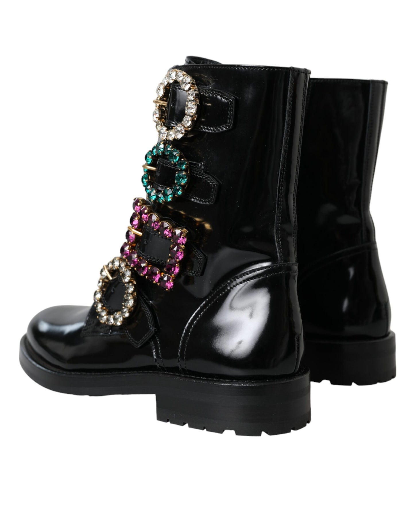 Fashionsarah.com Fashionsarah.com Dolce & Gabbana Black Leather Crystal Buckles Boots Shoes