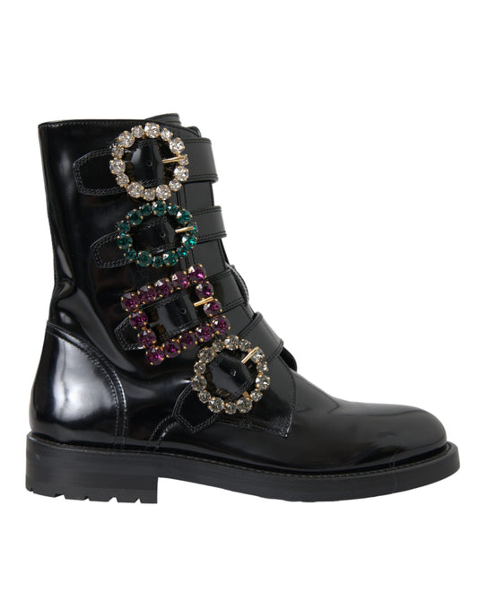 Fashionsarah.com Fashionsarah.com Dolce & Gabbana Black Leather Crystal Buckles Boots Shoes