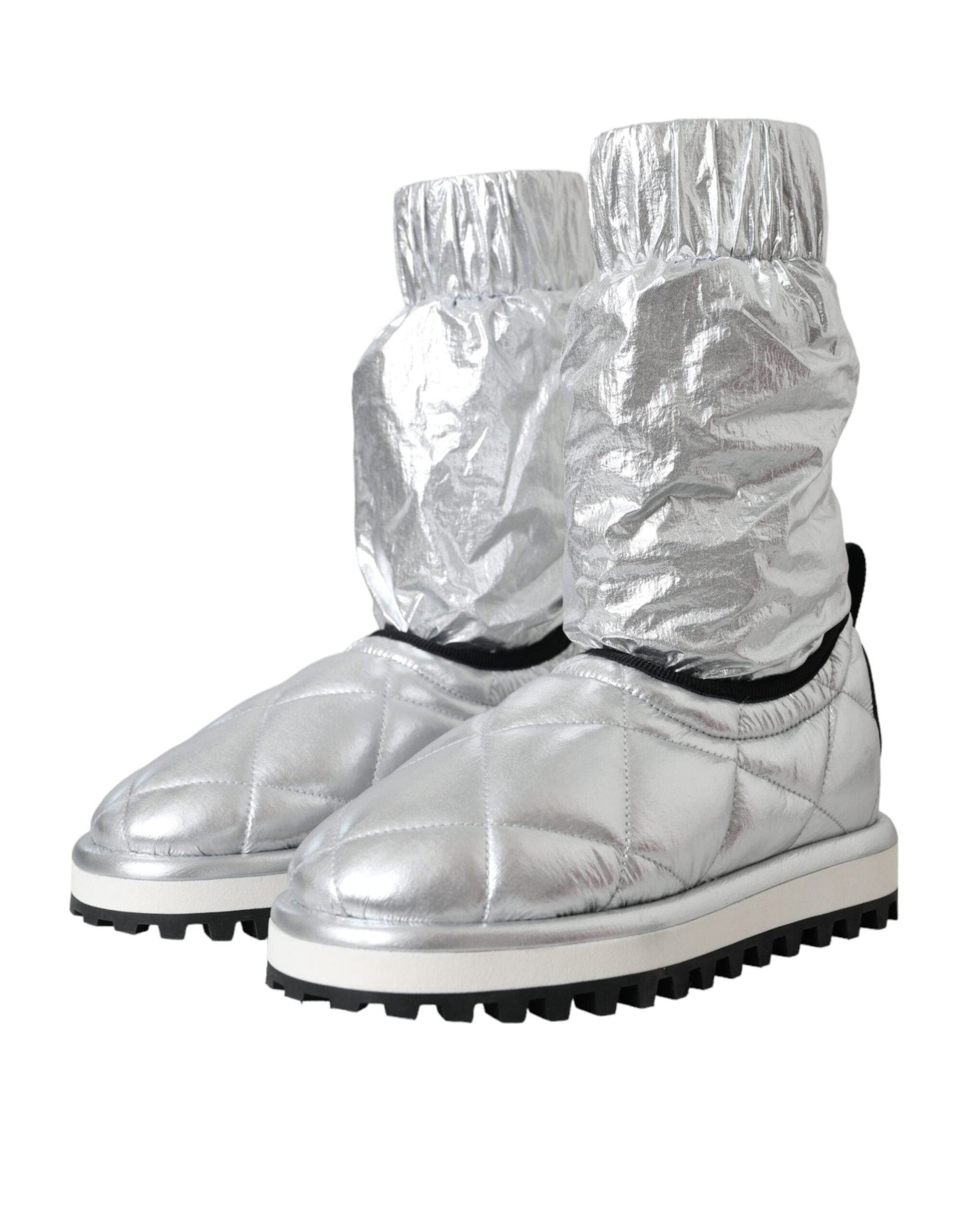 Dolce & Gabbana Metallic Silver Quilted Logo Patch Boot Shoes | Fashionsarah.com